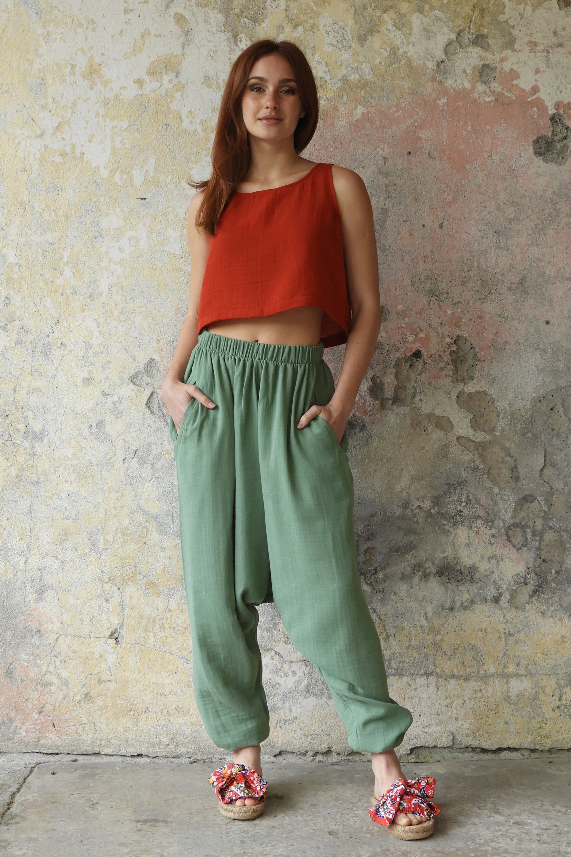 Sustainable  | TRIBAL Women's Gauze Cotton Harem Pants (Green) by Odana's