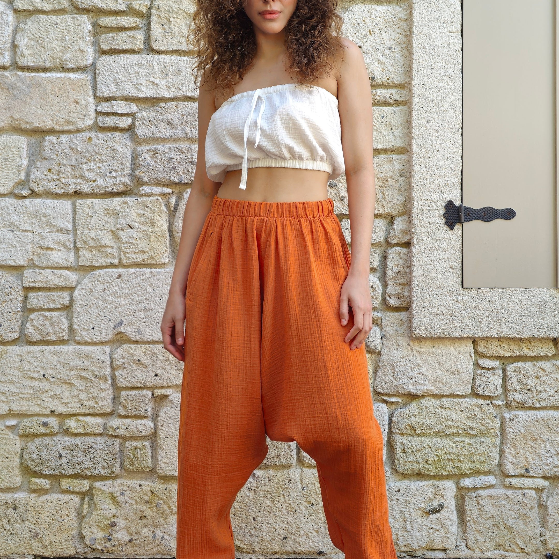 Odana's | Sustainable Gifts | TRIBAL Women's Organic Gauze Cotton Harem Pants (Orange) Orange | Harem Pants | Sustainable Fashion
