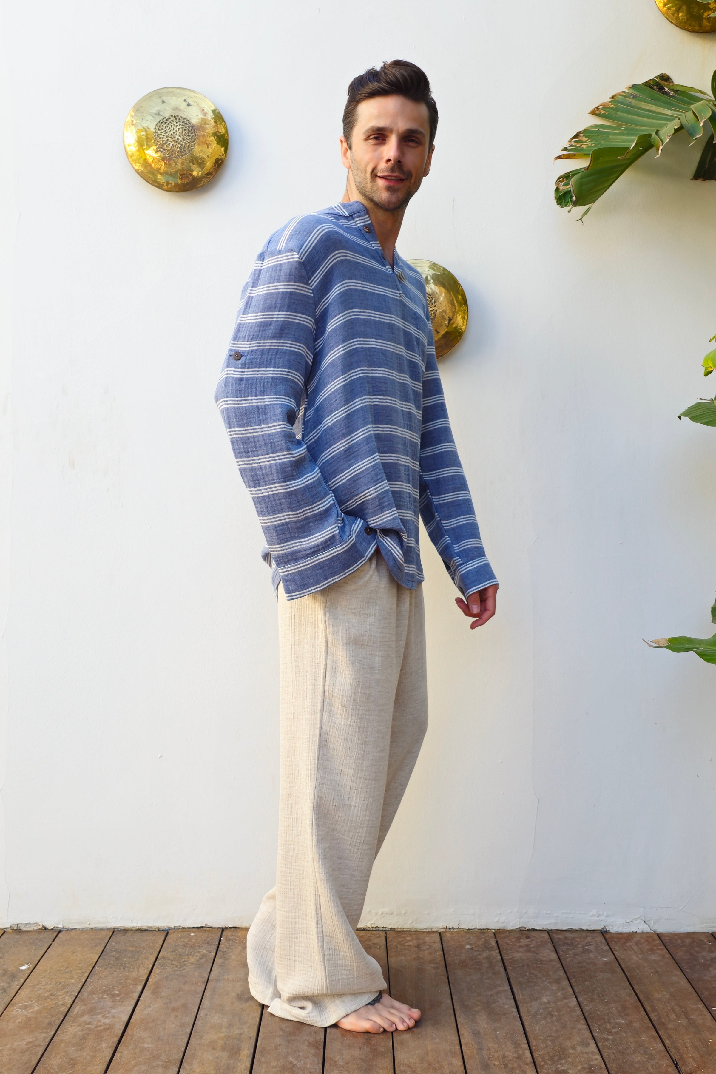 Odana's | Sustainable Gifts | ZEUS STRIPES Organic Double Gauze Shirt (Light Indigo Blue) | Shirts | Sustainable Fashion