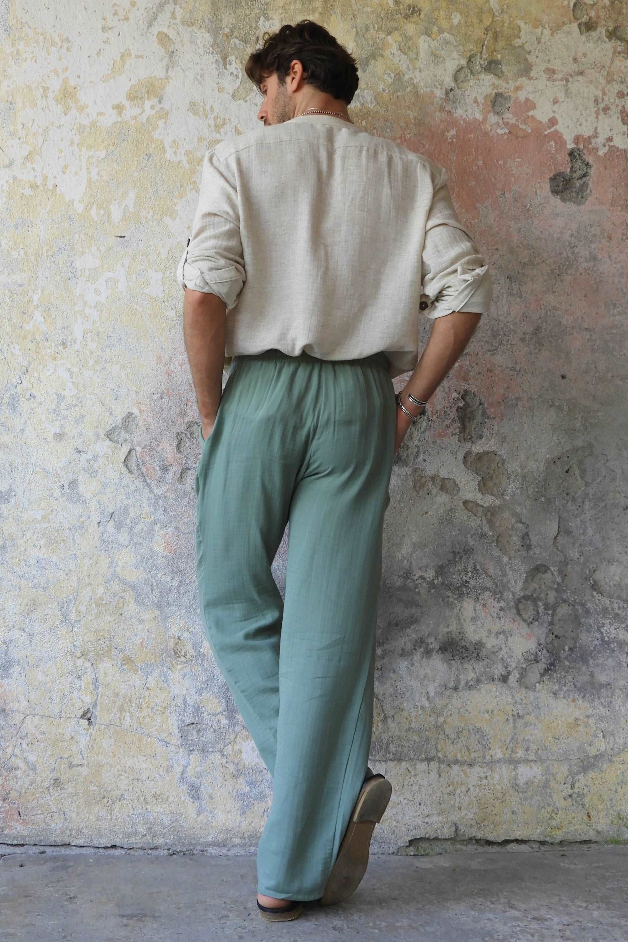 Odana's | Sustainable Gifts | DUNE Men's Organic Gauze Cotton Pants (Black, Sage Green) | Harem Pants | Sustainable Fashion