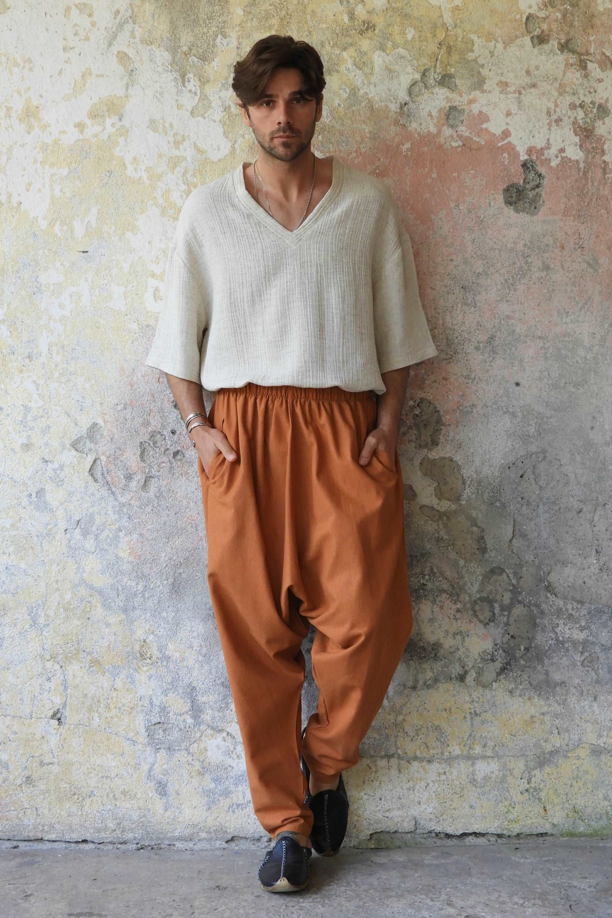 Odana's | Sustainable Gifts | MOON Men's Linen Blend Harem Pants (Windsor Tan, Burnt Orange) | Linen Harem Pants | Sustainable Fashion