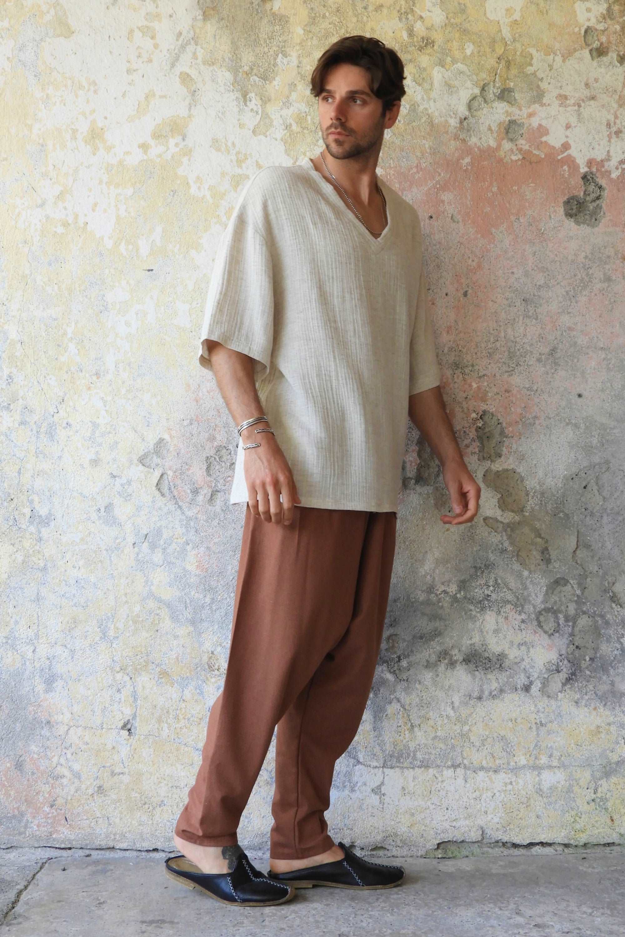 Sustainable  | MOON Gender Neutral Linen Blend Harem Pants (Dark Gray, Brown) by Odana's