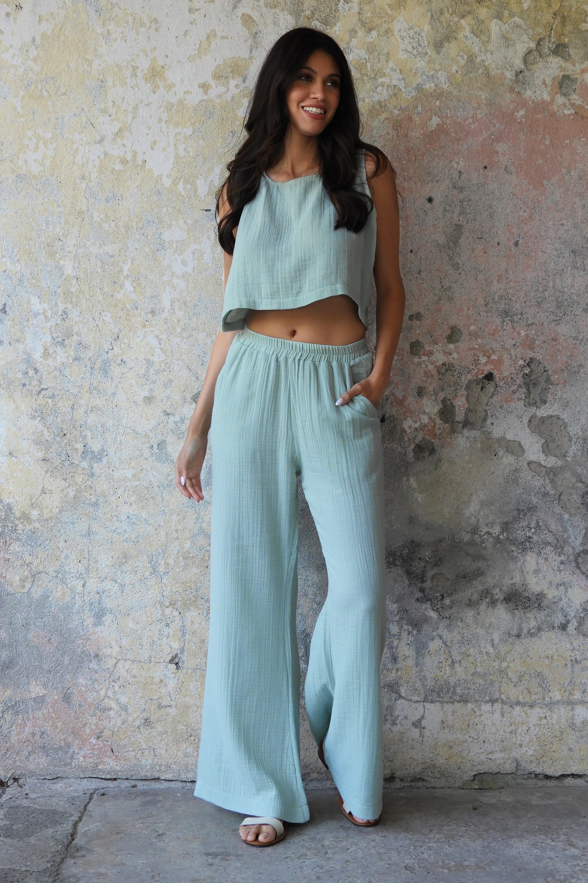 Odana's | Sustainable Gifts | PALAZZO Women's 2Layer Organic Gauze Cotton Pants (Blue, Mint) | Palazzo Pants | Sustainable Fashion