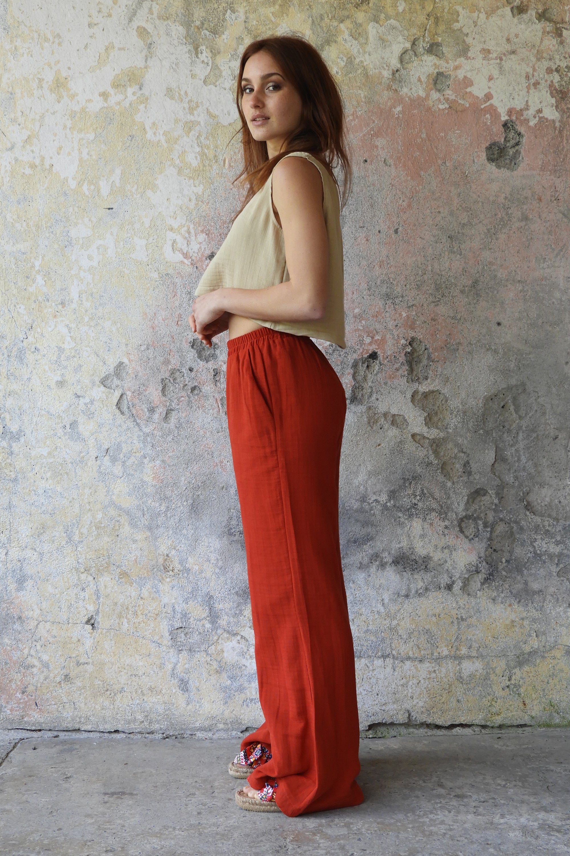 Sustainable  | PALAZZO Women's 2Layer Gauze Cotton Pants (Red, Dark Blue, Caramel, Sage Green) by Odana's