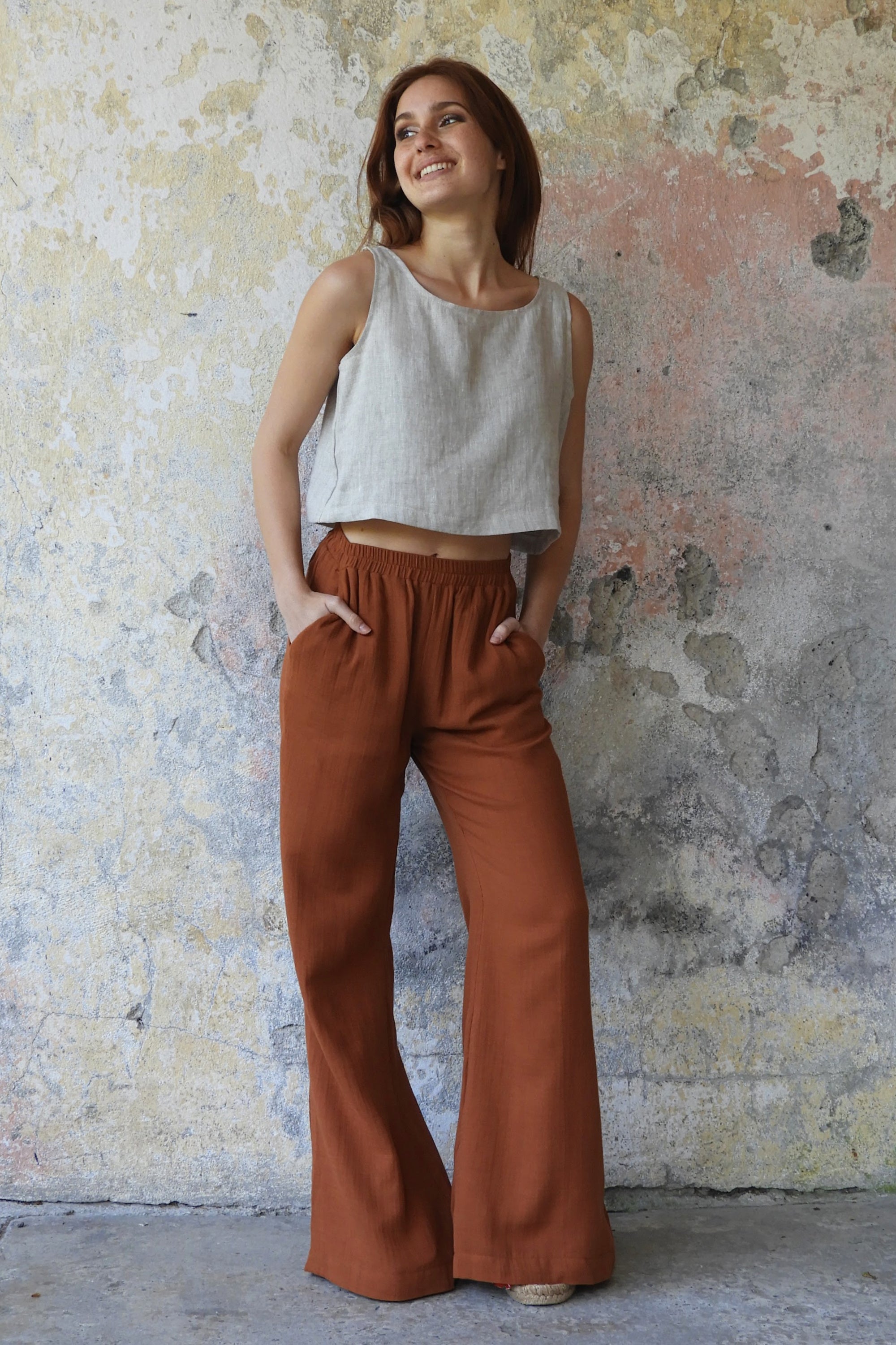 Sustainable  | PALAZZO Women's 2Layer Gauze Cotton Pants (Green, Terra Cotta, Mustard, Brown) by Odana's