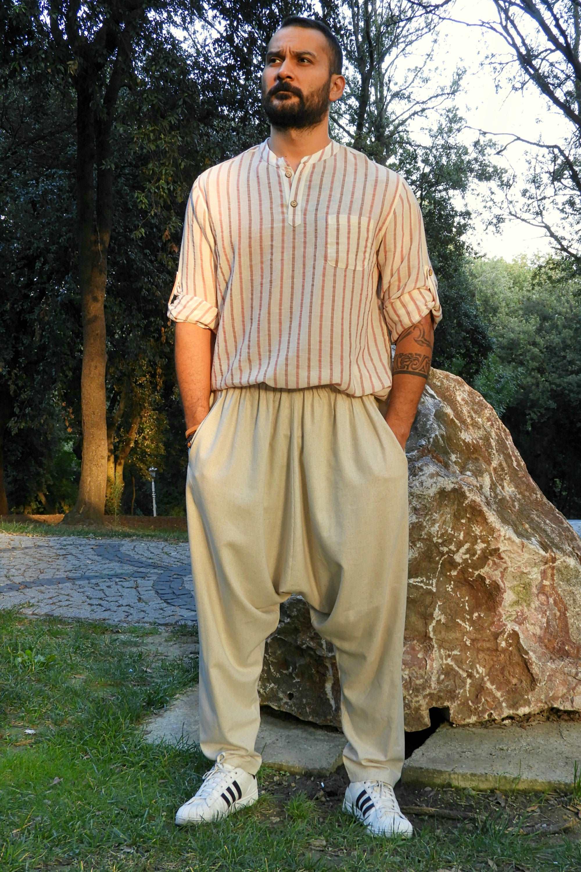 Odana's | Sustainable Gifts | MOON Gender Neutral Linen Blend Harem Pants (Beige, Indigo Blue) | Linen Harem Pants | Sustainable Fashion