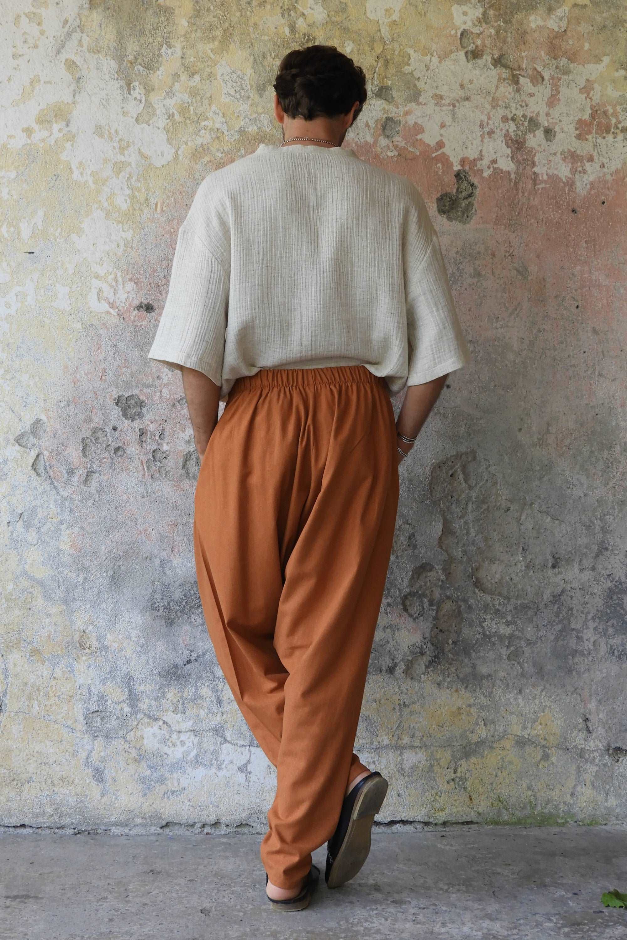 Odana's | Sustainable Gifts | MOON Gender Neutral Linen Blend Harem Pants (Windsor Tan, Burnt Orange) | Linen Harem Pants | Sustainable Fashion