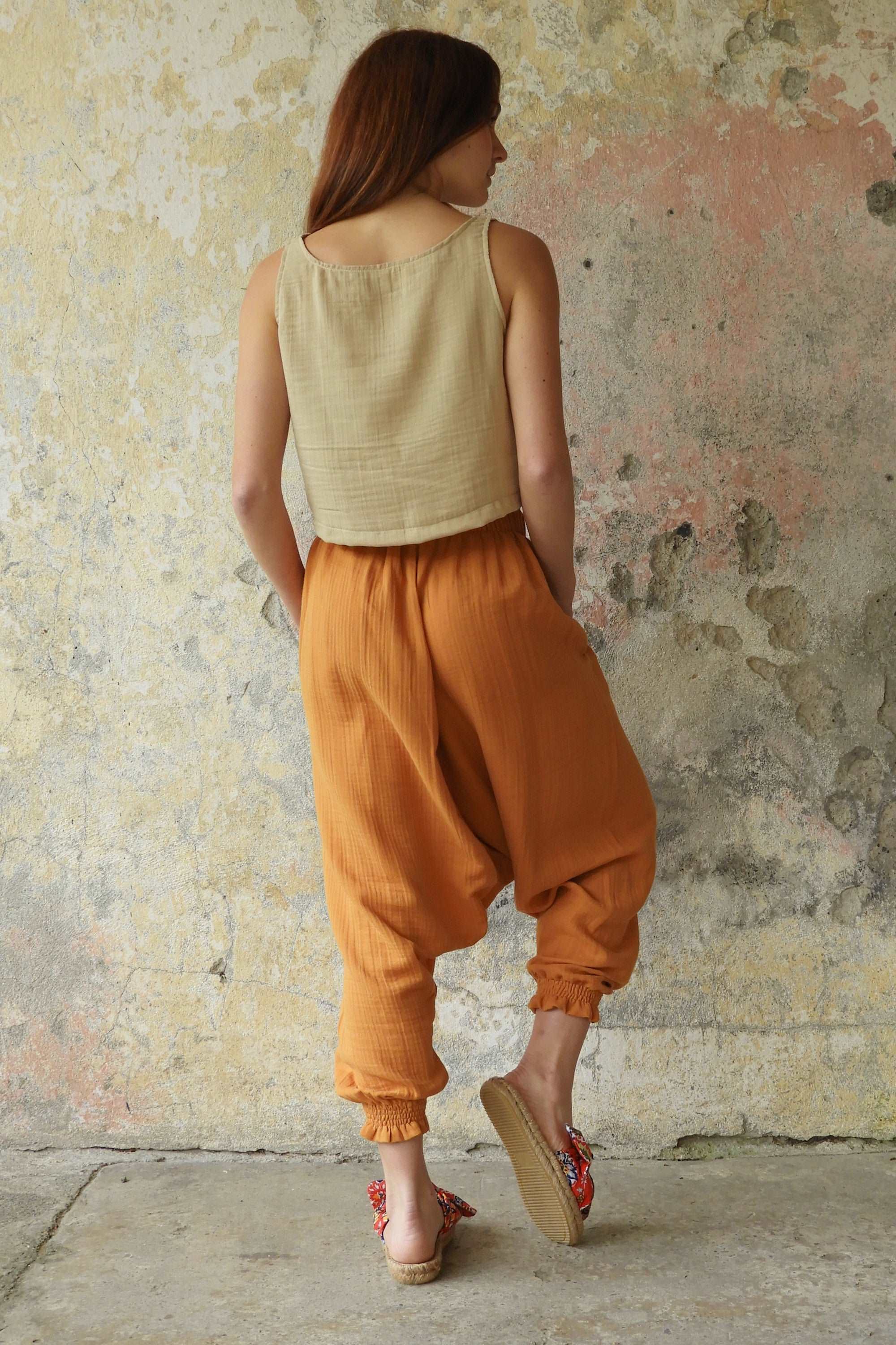 Odana's | Sustainable Gifts | GAIA Women's Organic Gauze Cotton Harem Pants (Red, Terra Cotta, Caramel) | Harem Pants | Sustainable Fashion