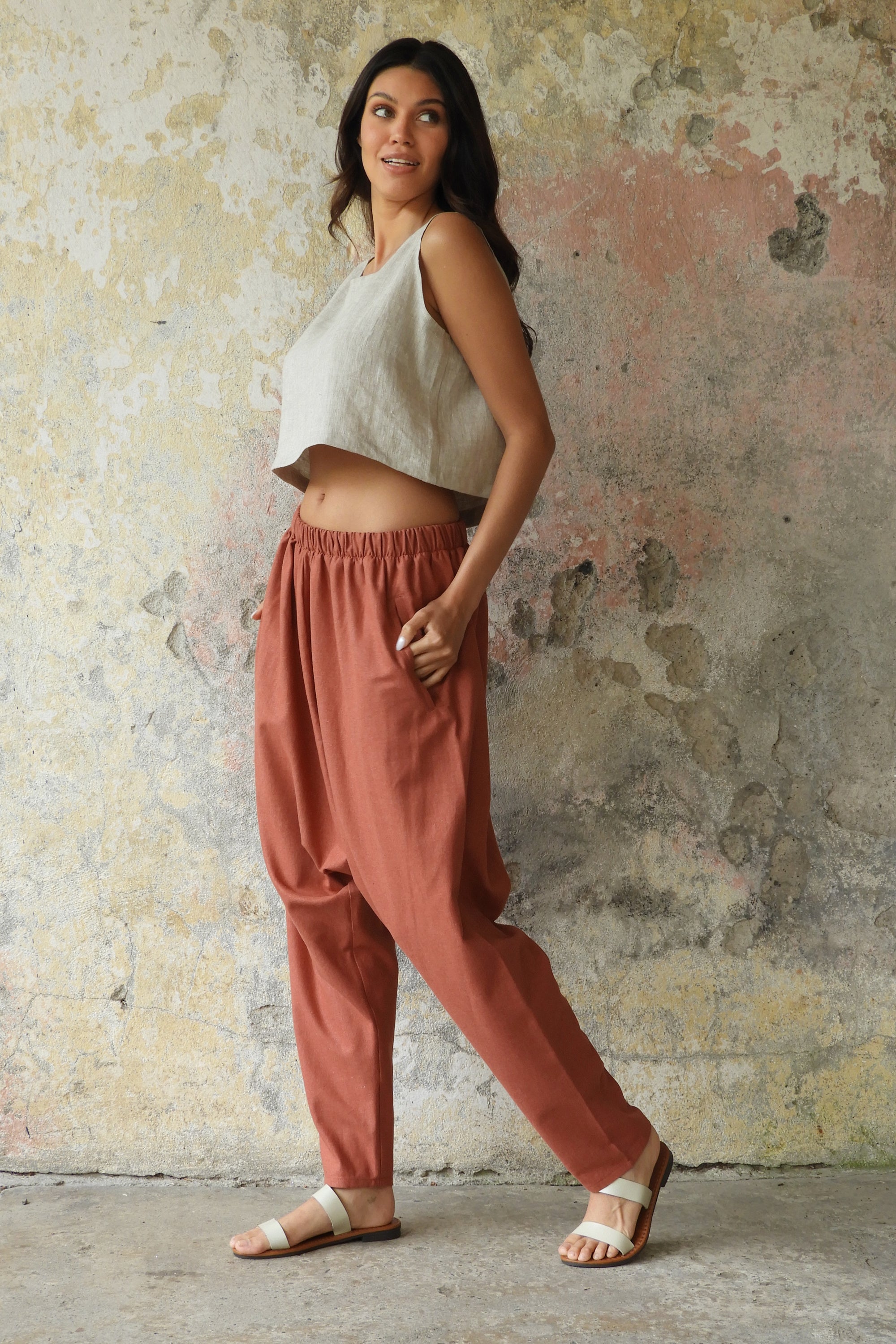 Odana's | MOON Women's Linen Blend Harem Pants (Terra Cotta, Almond Green) | Linen Harem Pants | Sustainable Fashion