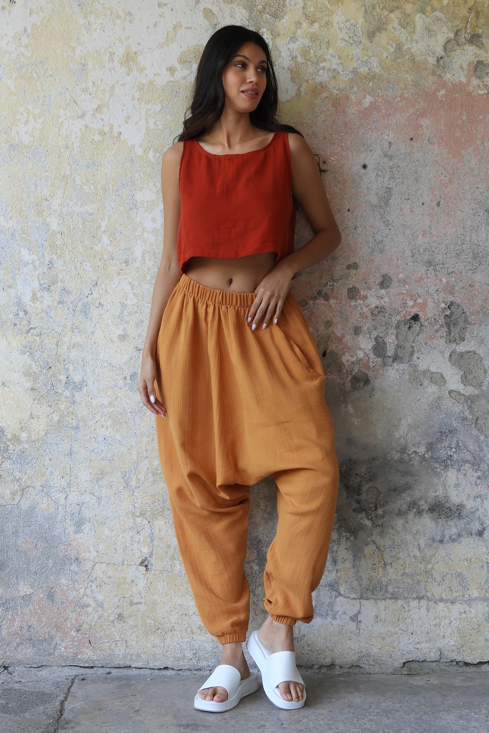 Sustainable  | TRIBAL Women's Gauze Cotton Harem Pants (Caramel, Mint Green) by Odana's