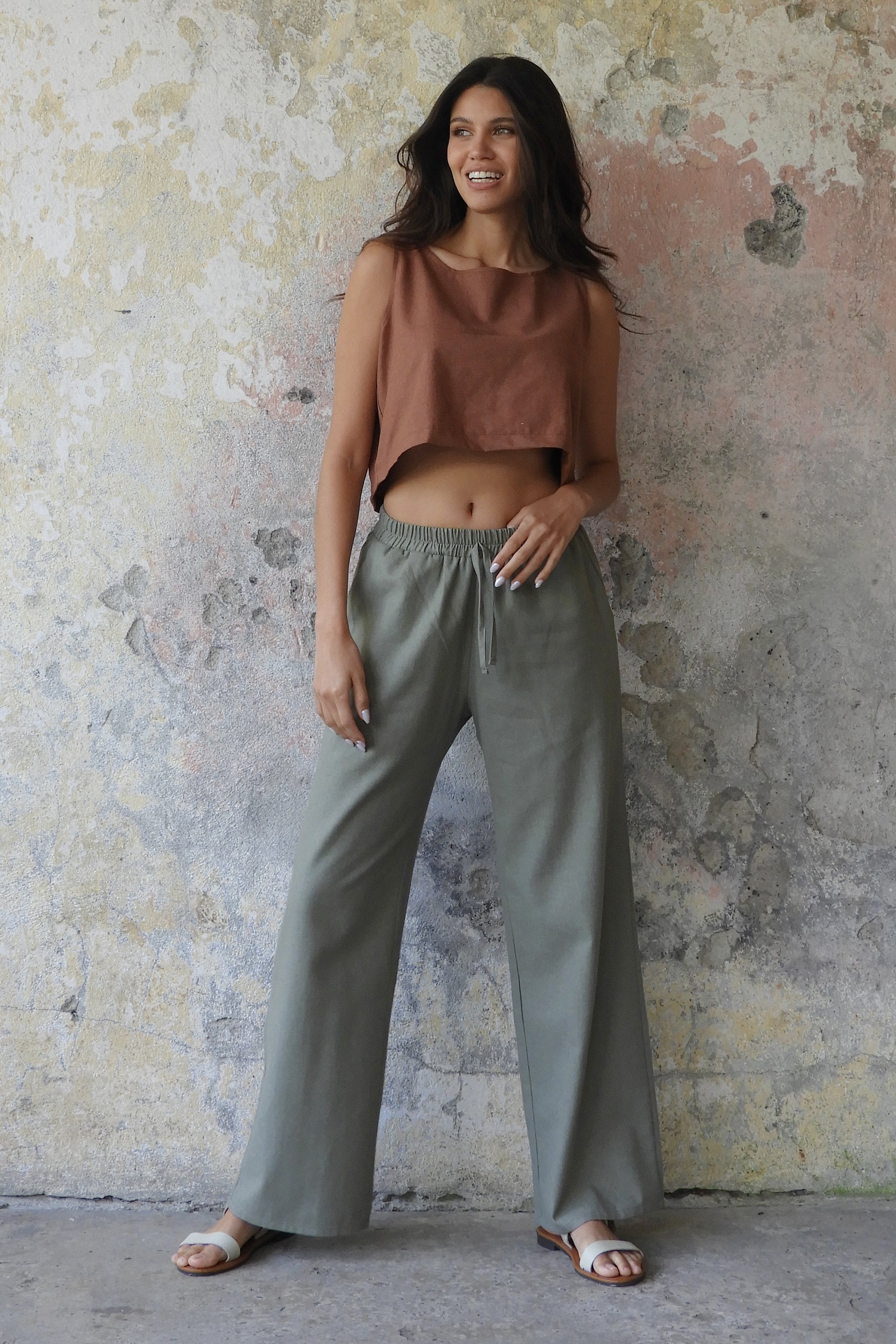 Odana's | Sustainable Gifts | TRINITY Linen Blend Women's Pants (Almond Green, Dark Gray, Windsor Tan) | Linen Pants | Sustainable Fashion