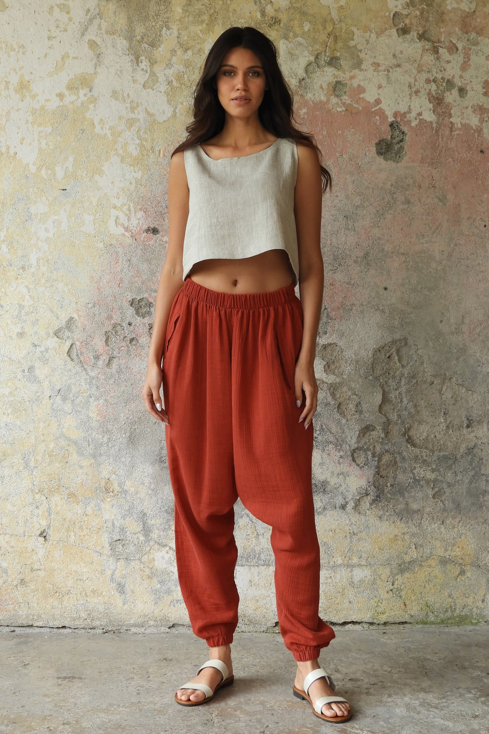 Sustainable  | TRIBAL Women's Gauze Cotton Harem Pants (Red, Sage Green) by Odana's