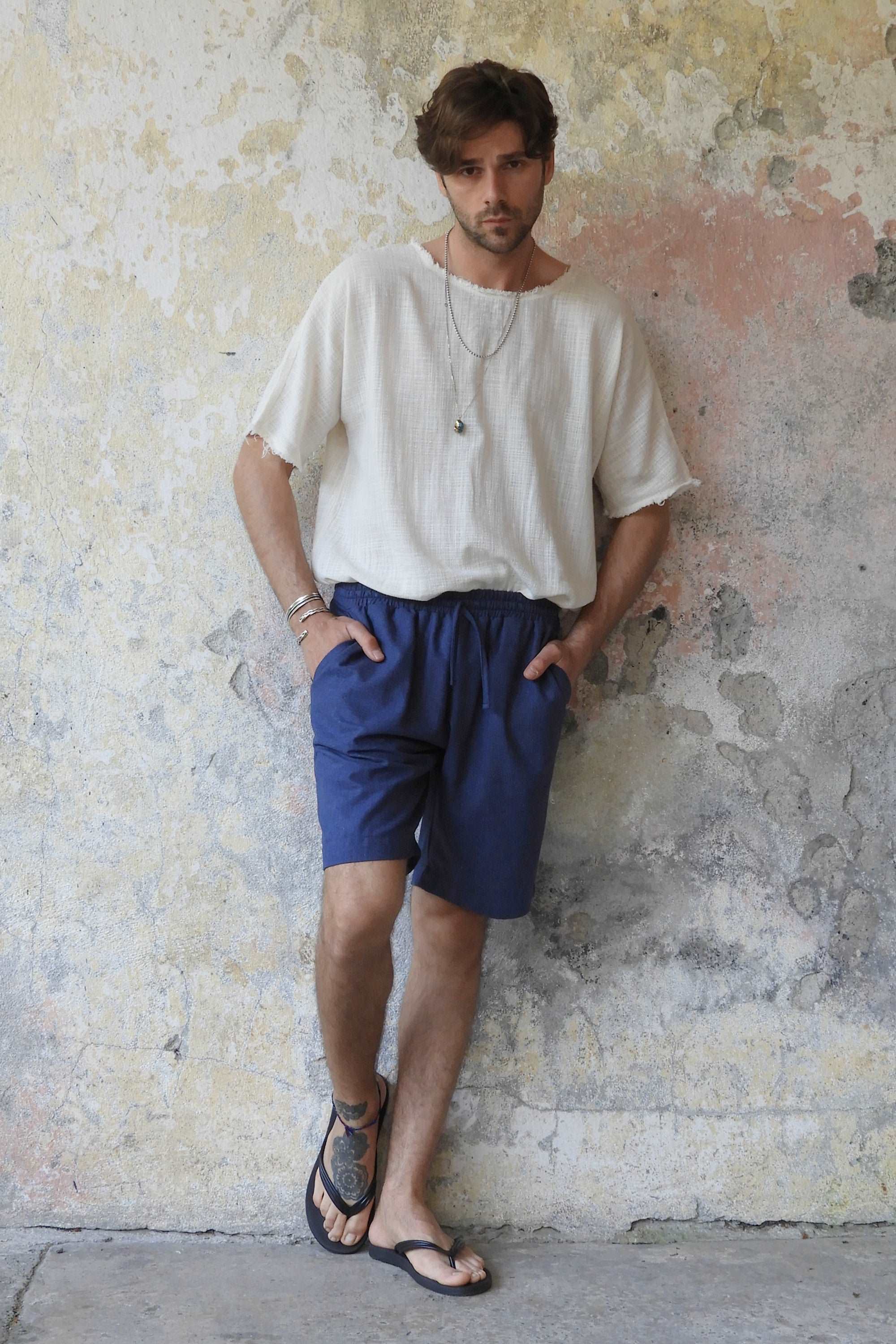 Odana's | Sustainable Gifts | BOREAS Linen Blend Shorts Man (Indigo Blue, Windsor Tan) | Linen Pants | Sustainable Fashion