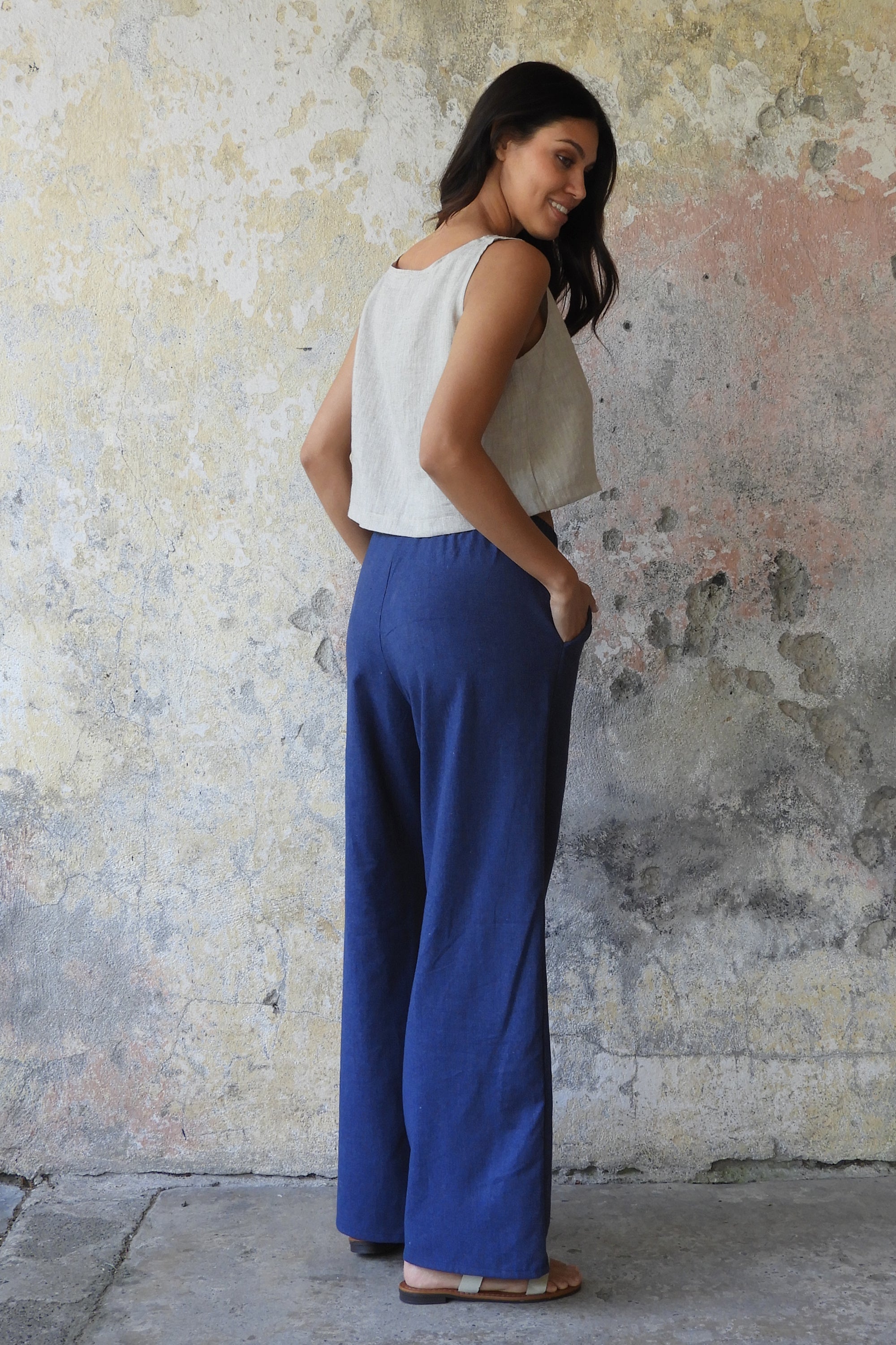 Odana's | Sustainable Gifts | TRINITY Linen Blend Women's Pants (Tan, Indigo Blue) | Linen Pants | Sustainable Fashion