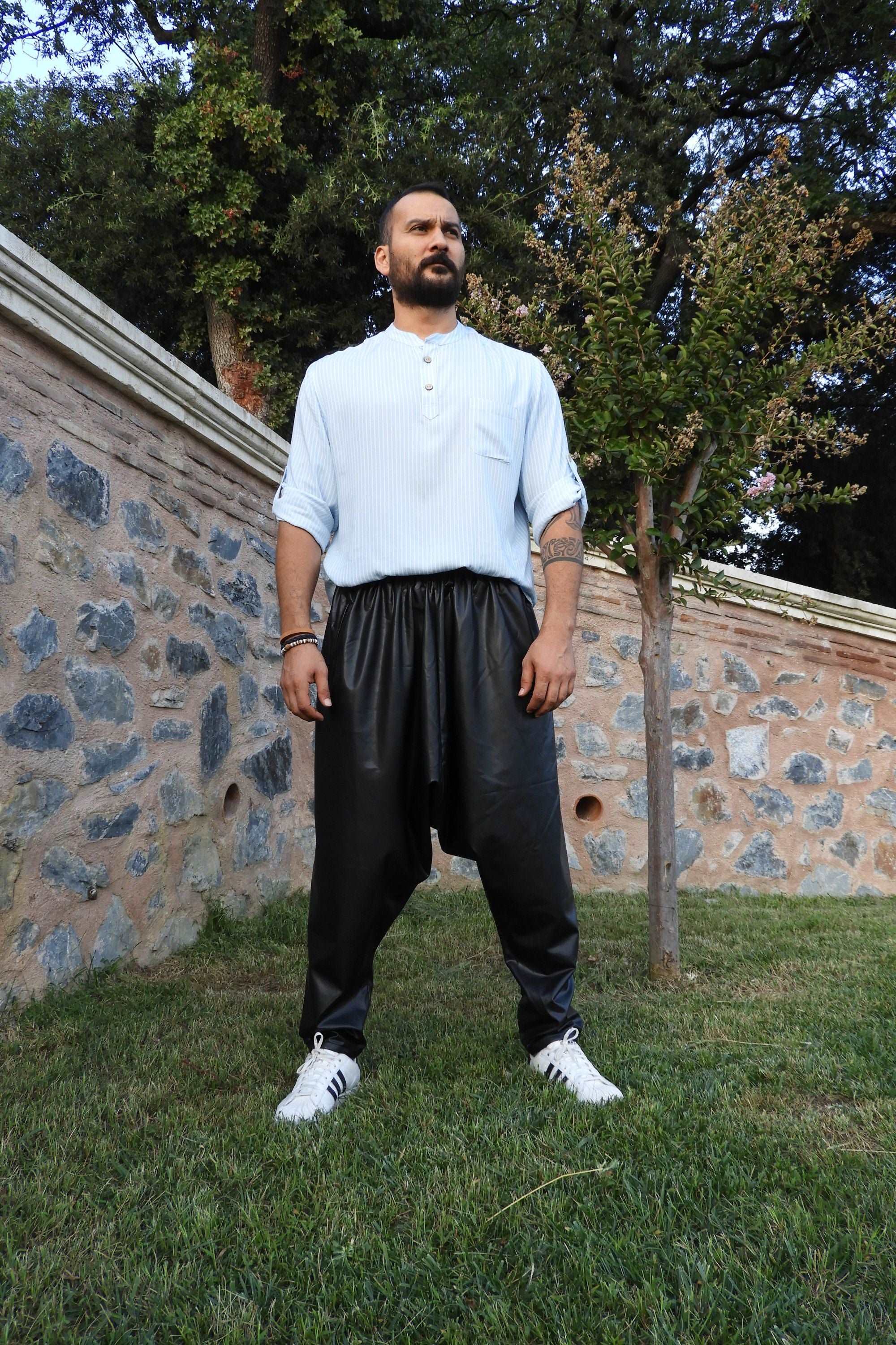 Odana's | BASE Men's Faux Leather Harem Pants | Faux Leather Harem Pants | Sustainable Fashion