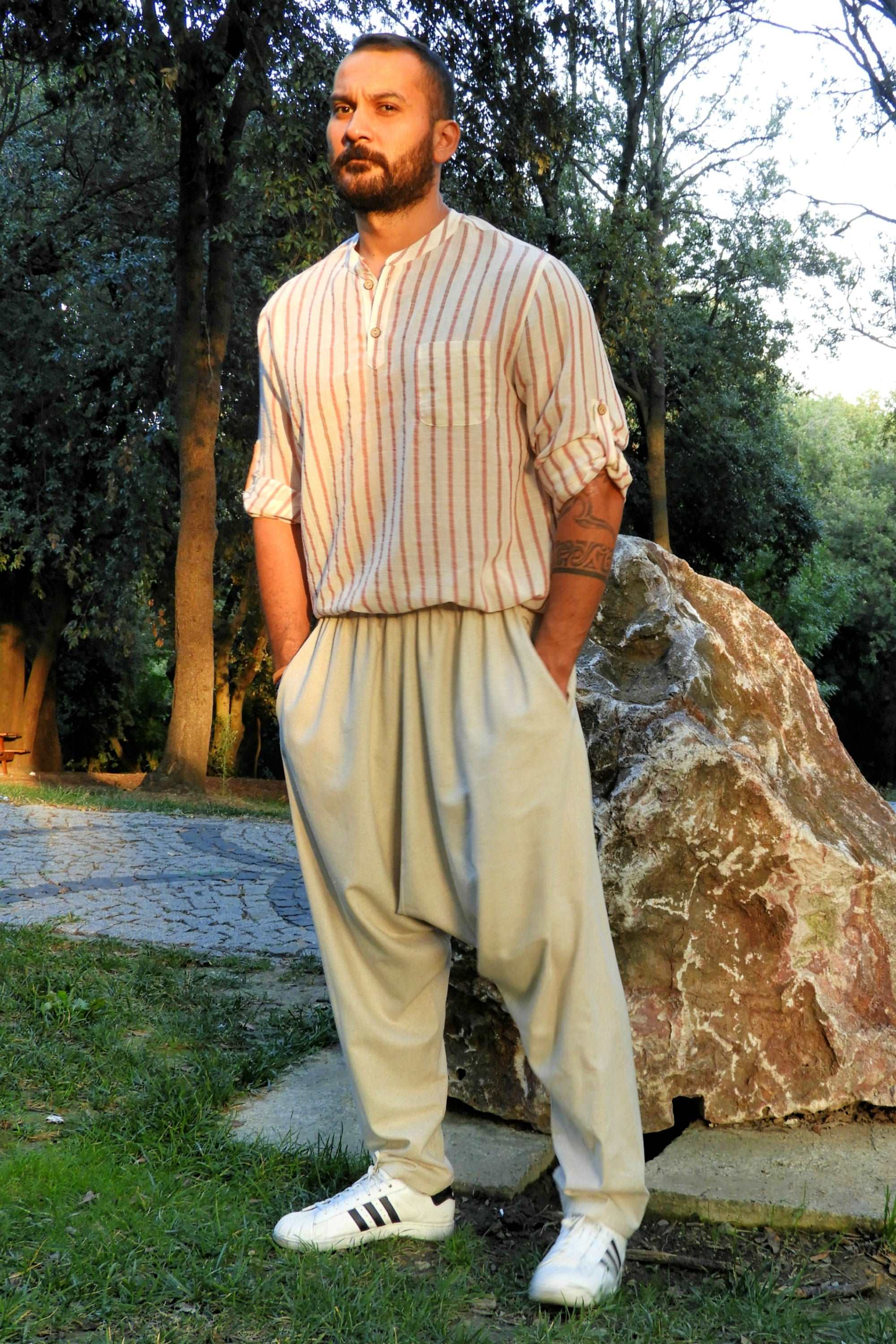 Odana's | Sustainable Gifts | MOON Men's Linen Blend Harem Pants (Beige, Indigo Blue) | Linen Harem Pants | Sustainable Fashion