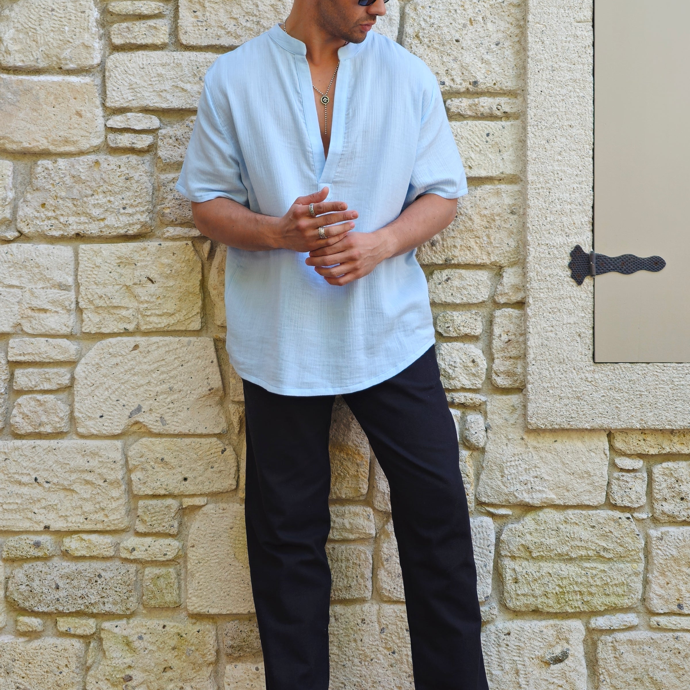 Odana's | Sustainable Gifts | ARCHEUS Organic Cotton Double Gauze Shirt (Dark Blue, Baby Blue) Baby Blue | Shirts | Sustainable Fashion