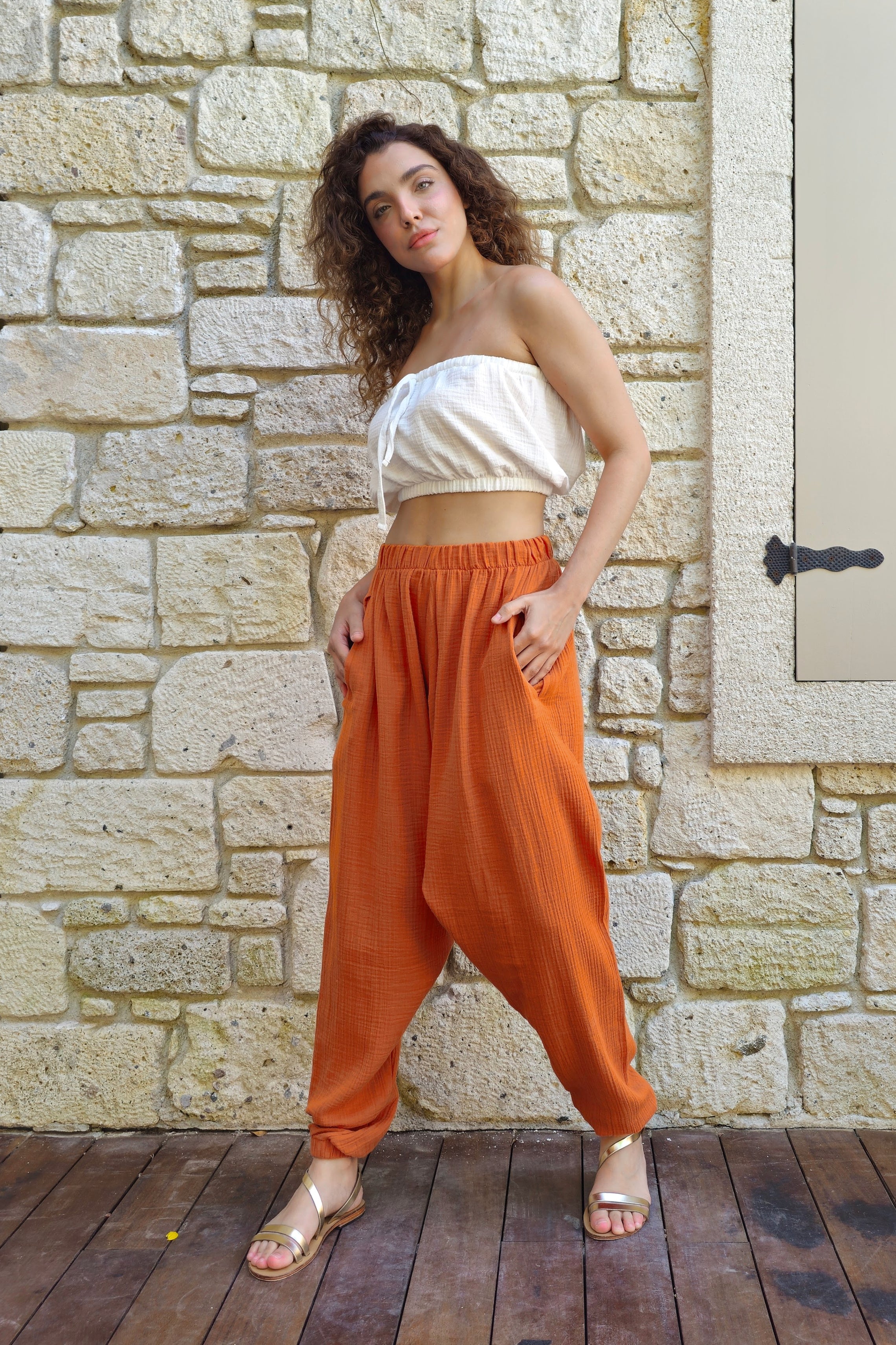 Odana's | Sustainable Gifts | TRIBAL Women's Organic Gauze Cotton Harem Pants (Orange) | Harem Pants | Sustainable Fashion