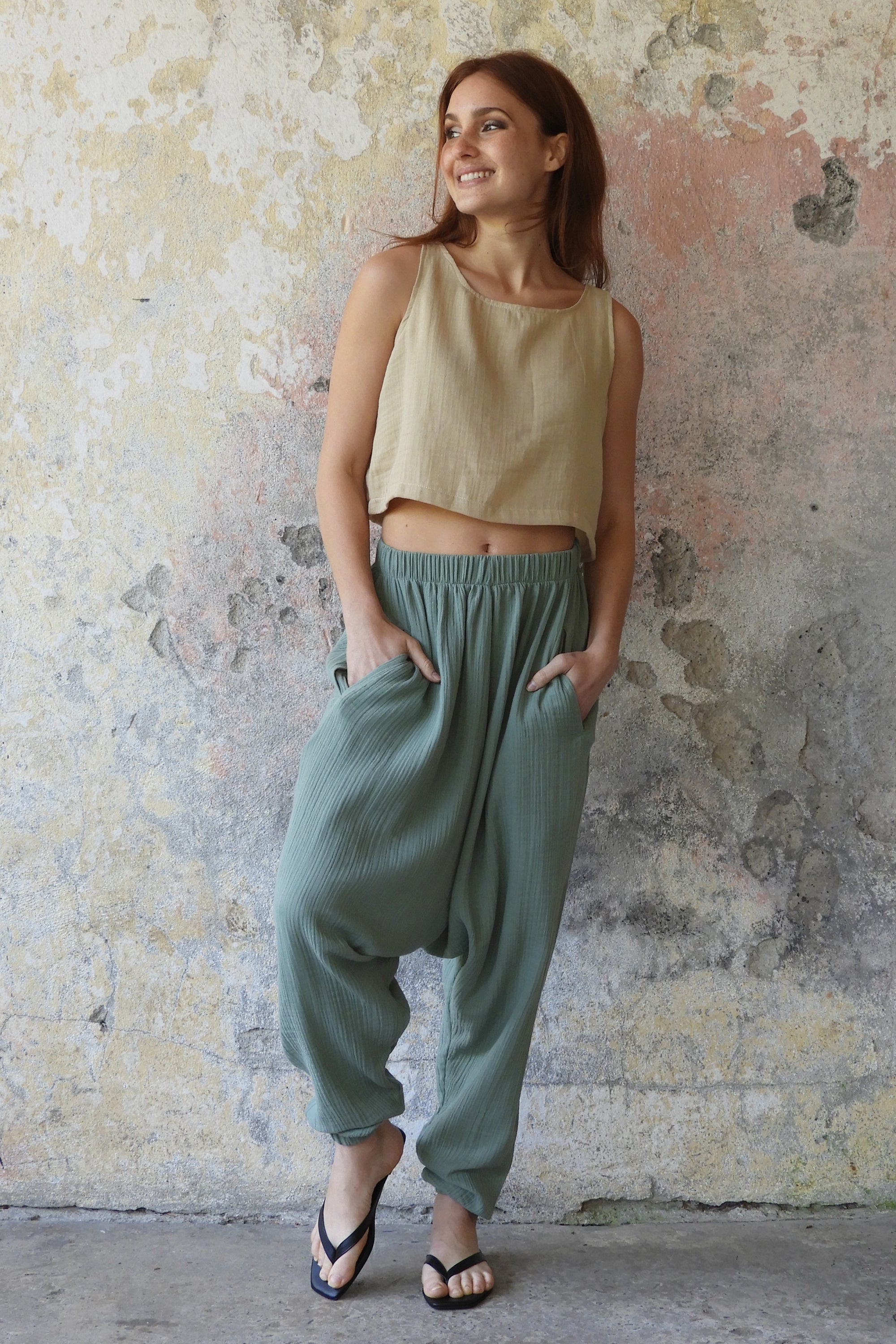 Odana's | Sustainable Gifts | TRIBAL Gender Neutral Organic Gauze Cotton Harem Pants (Sage Green) | Harem Pants | Sustainable Fashion