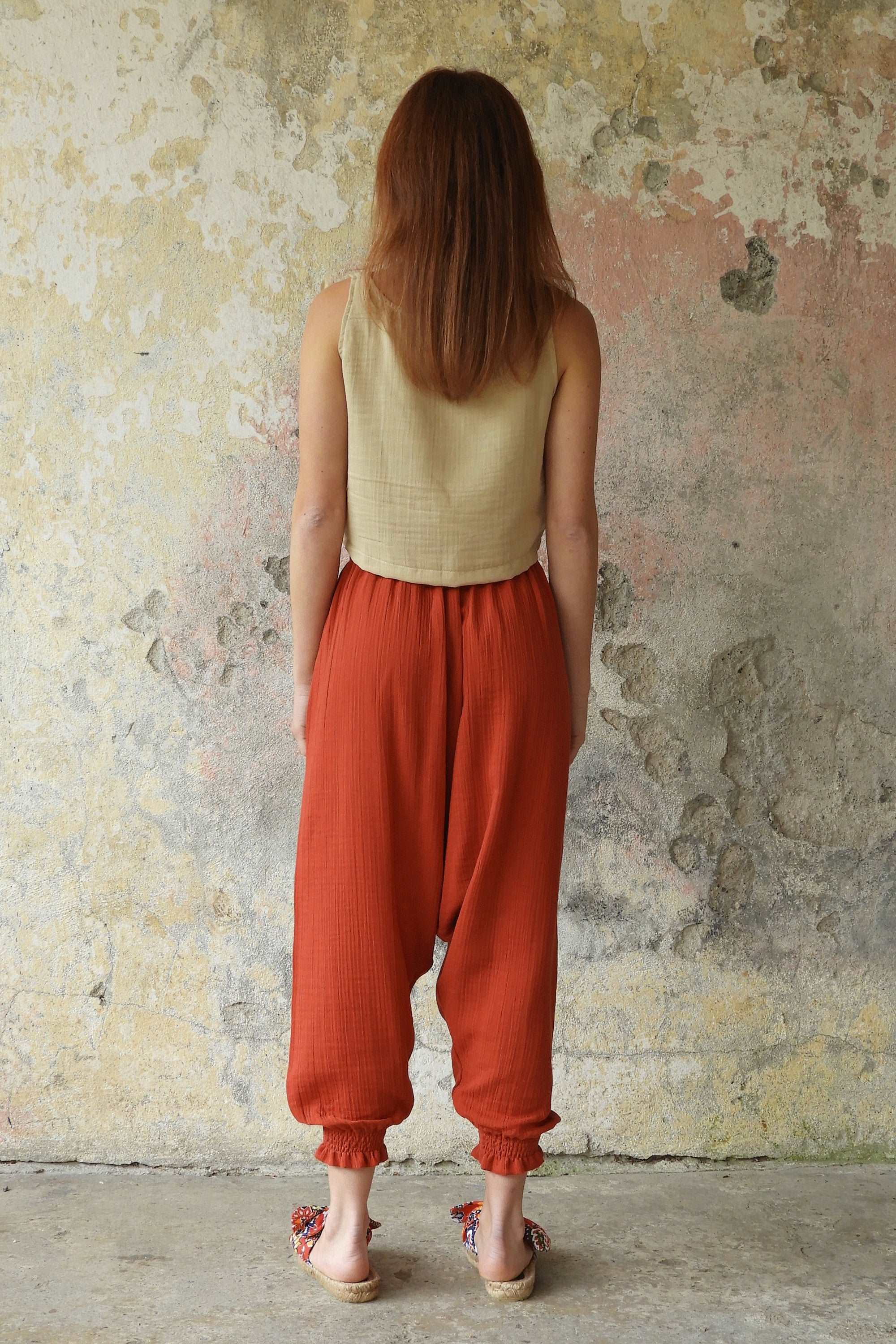 Odana's | Sustainable Gifts | GAIA Women's Organic Gauze Cotton Harem Pants (Red, Terra Cotta, Caramel) | Harem Pants | Sustainable Fashion
