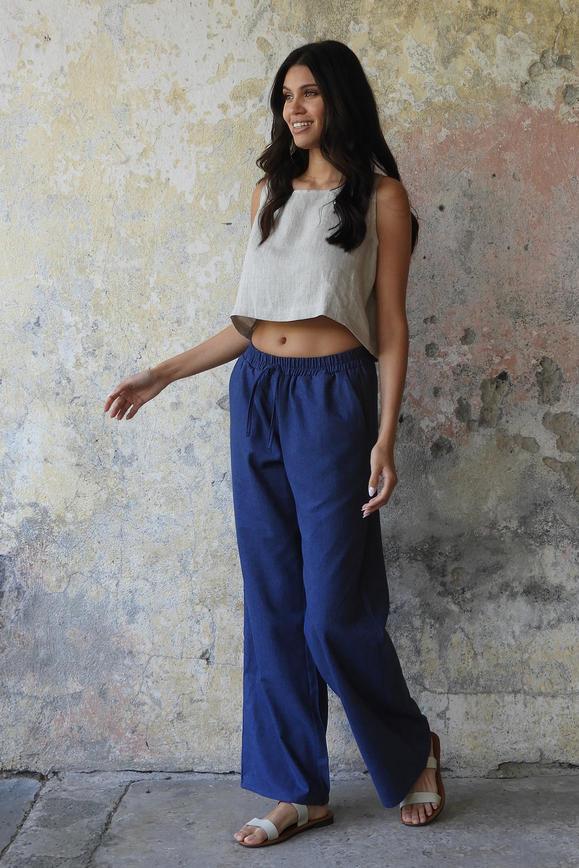 Sustainable  | TRINITY Linen Blend Women's Pants (Tan, Indigo Blue) by Odana's