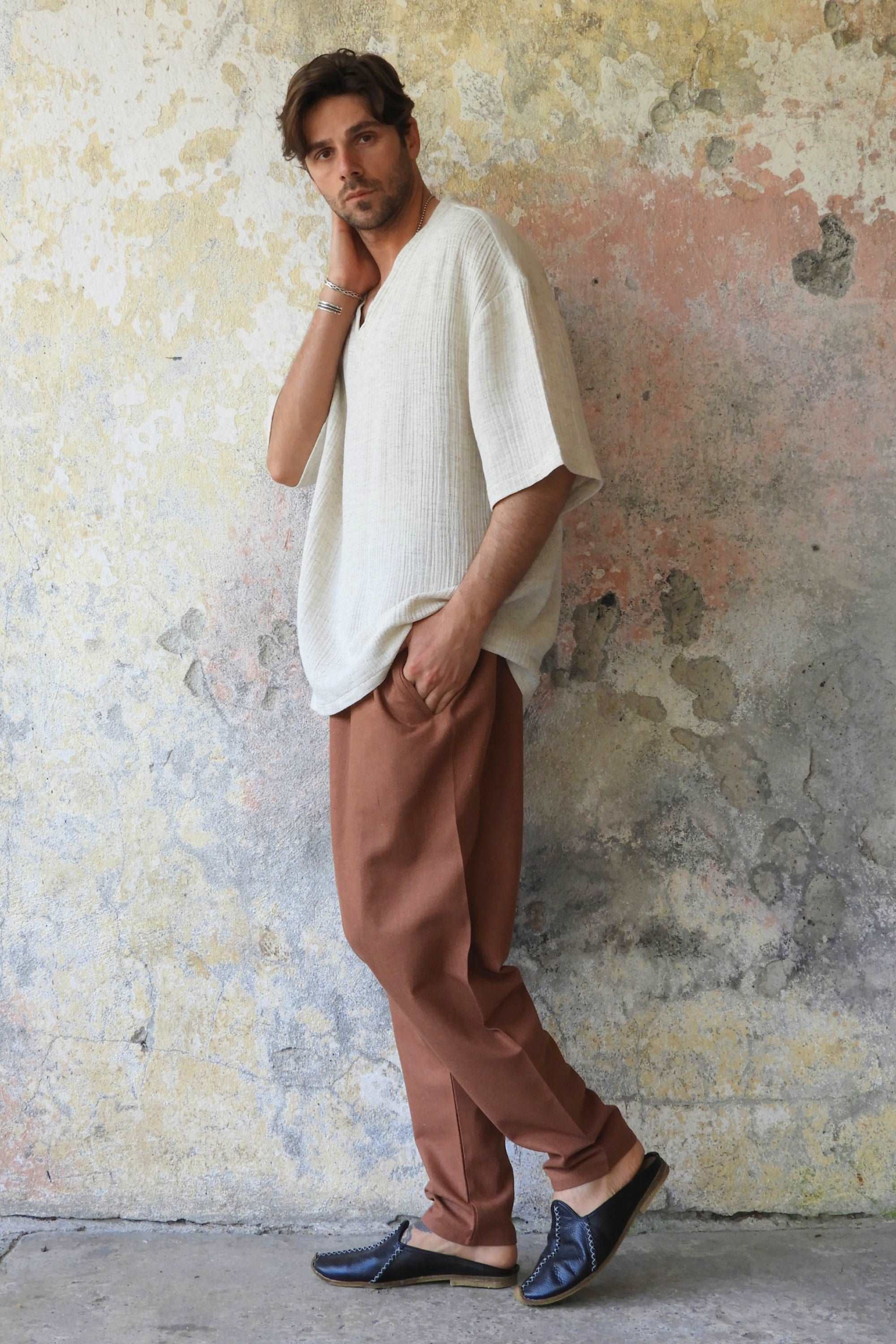 Sustainable  | MOON Gender Neutral Linen Blend Harem Pants (Dark Gray, Brown) by Odana's