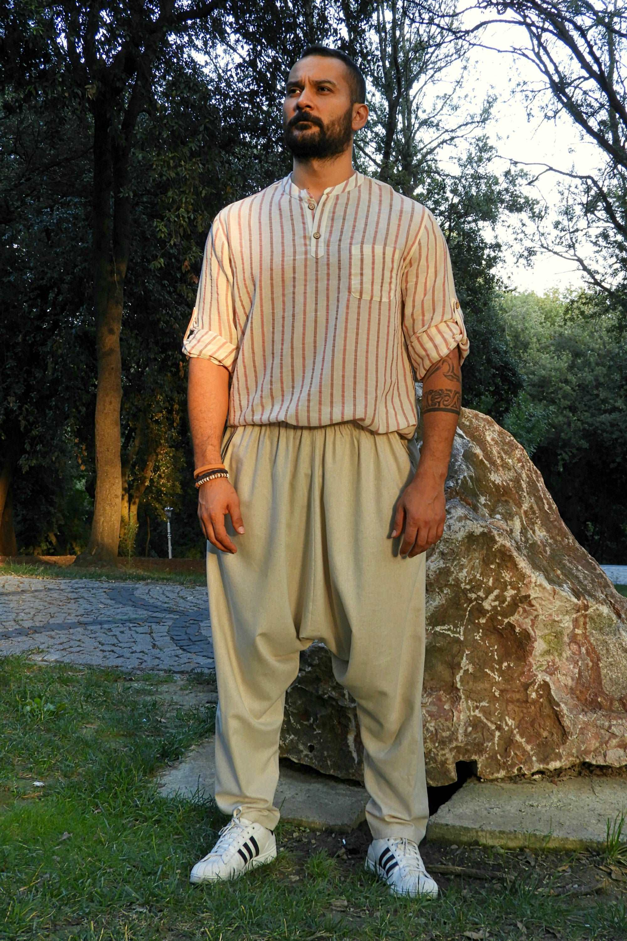 Odana's | Sustainable Gifts | MOON Men's Linen Blend Harem Pants (Beige, Indigo Blue) | Linen Harem Pants | Sustainable Fashion