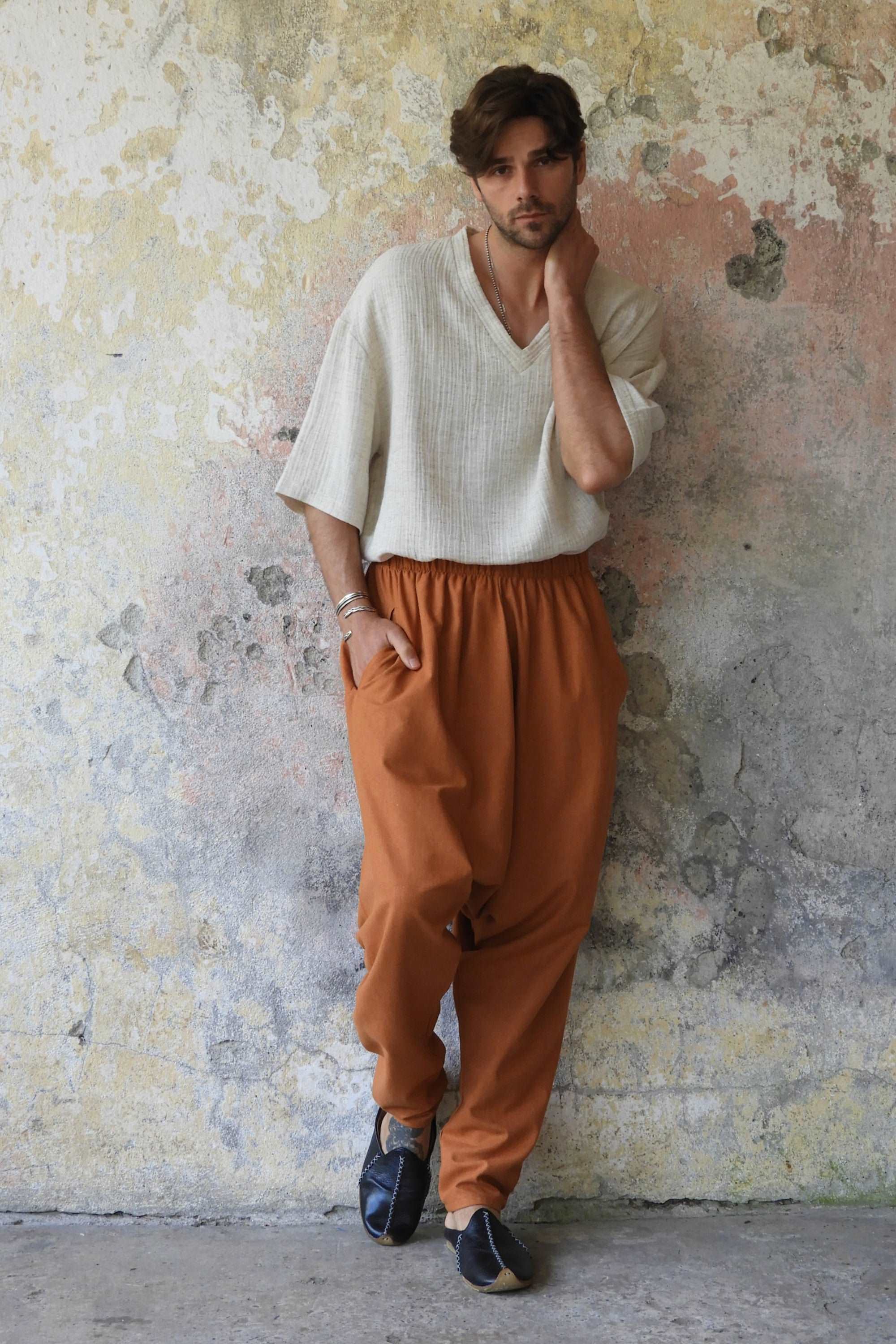 Sustainable  | MOON Gender Neutral Linen Blend Harem Pants (Windsor Tan, Burnt Orange) by Odana's