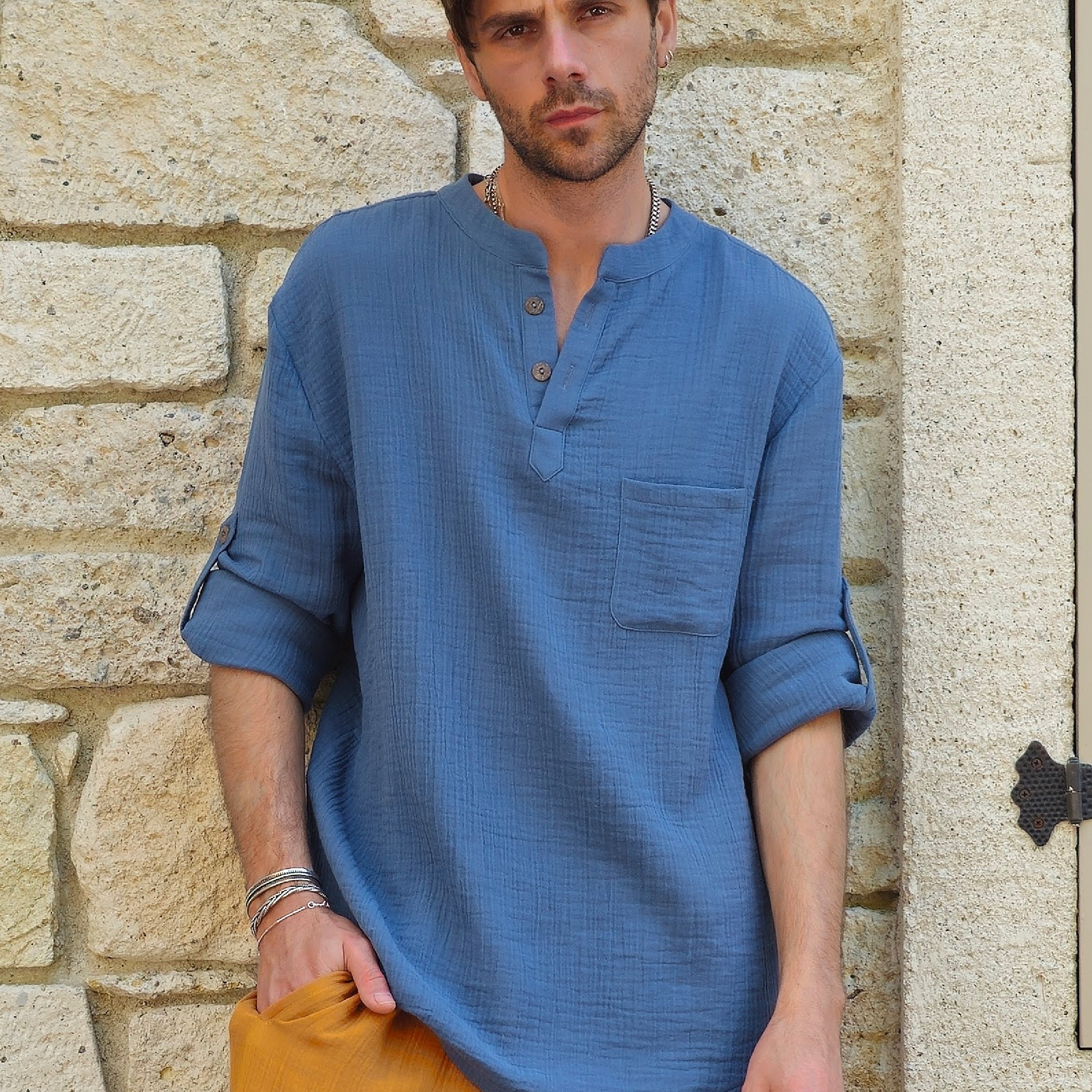 Odana's | Sustainable Gifts | ZEUS Men's Double Gauze Shirt (Light Indigo Blue) Light Indigo Blue | Shirts | Sustainable Fashion