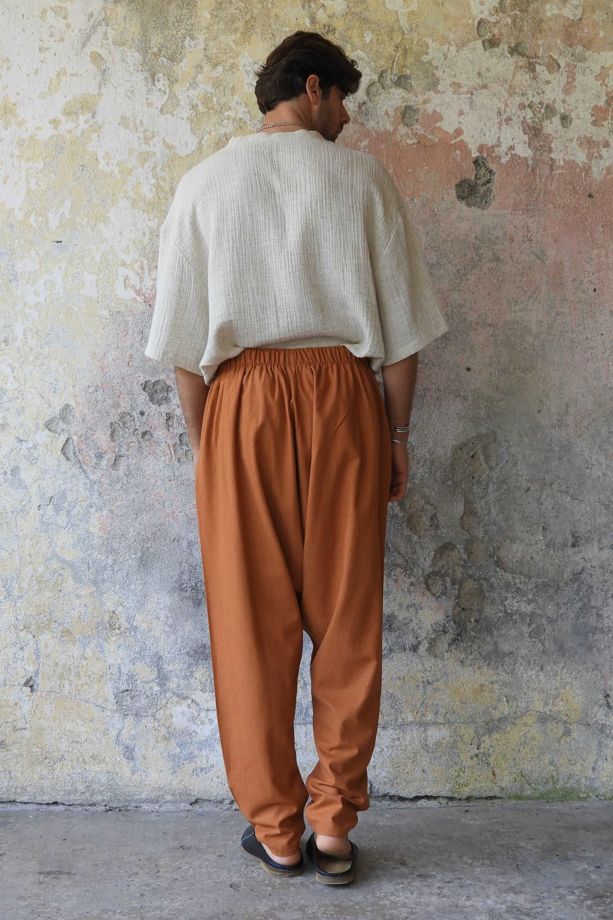 Odana's | Sustainable Gifts | MOON Men's Linen Blend Harem Pants (Windsor Tan, Burnt Orange) | Linen Harem Pants | Sustainable Fashion