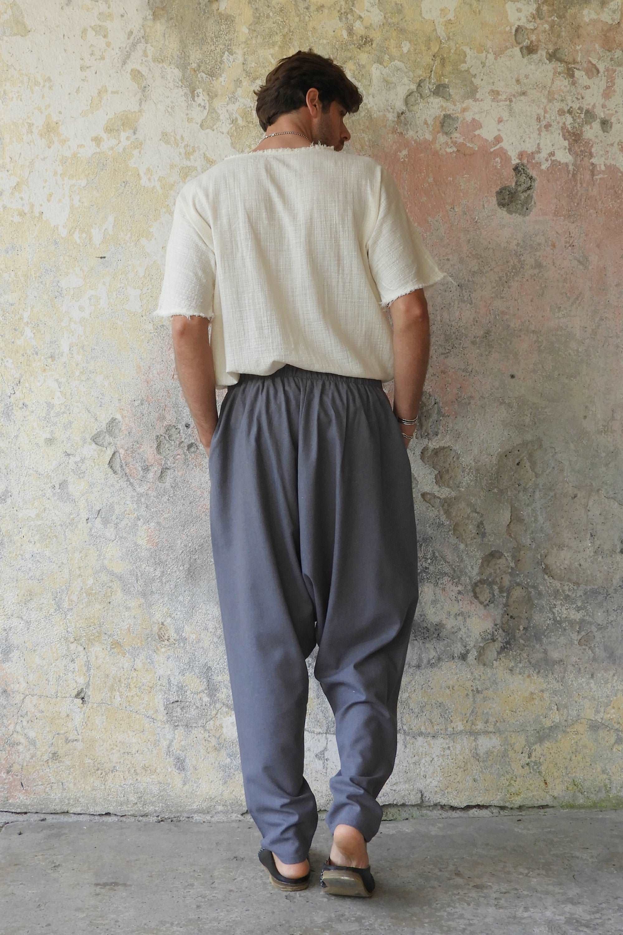 Sustainable  | MOON Gender Neutral Linen Blend Harem Pants (Dark Gray, Brown) by Odana's