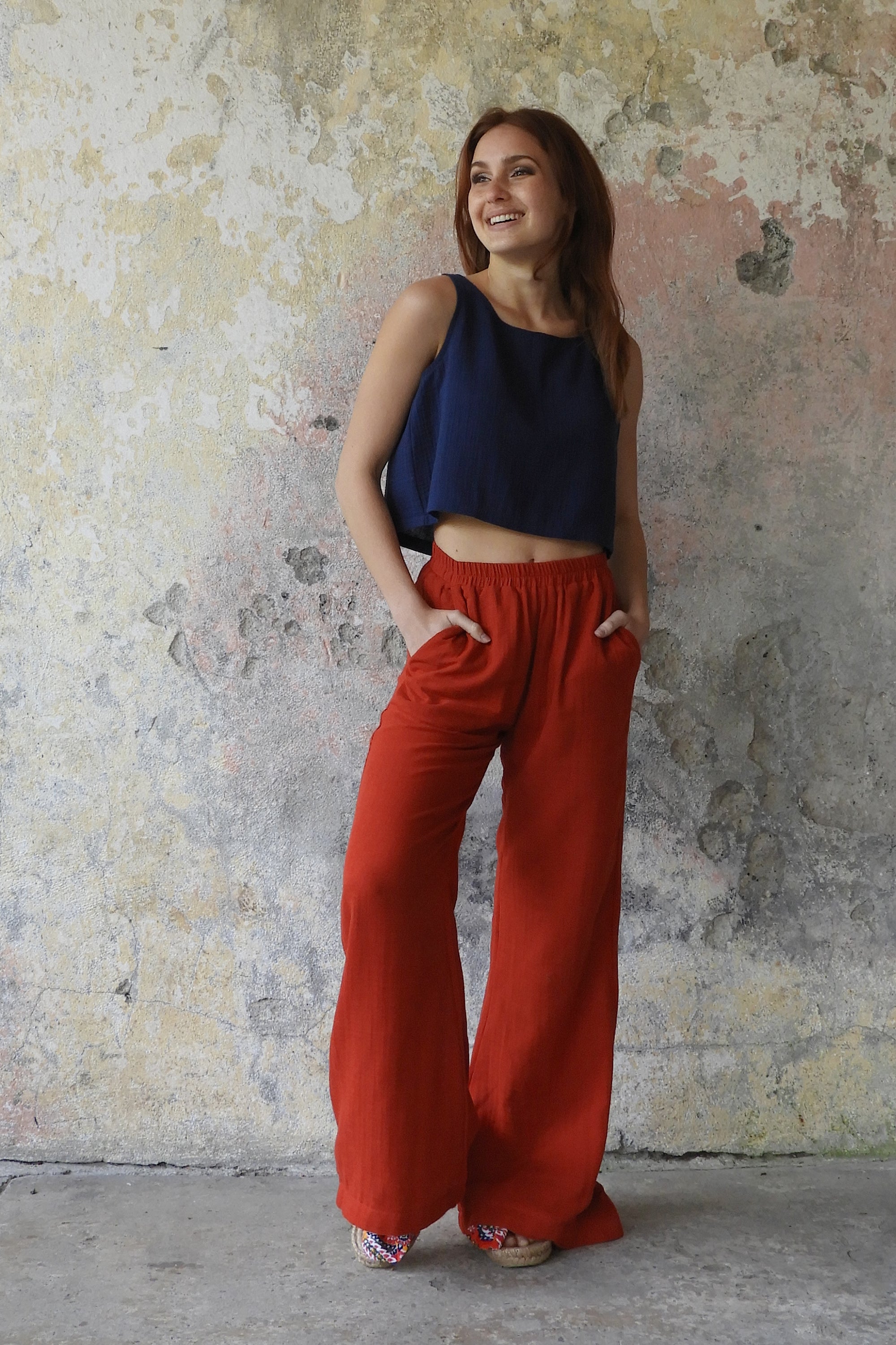 Sustainable  | PALAZZO Women's 2Layer Gauze Cotton Pants (Red, Dark Blue, Caramel, Sage Green) by Odana's