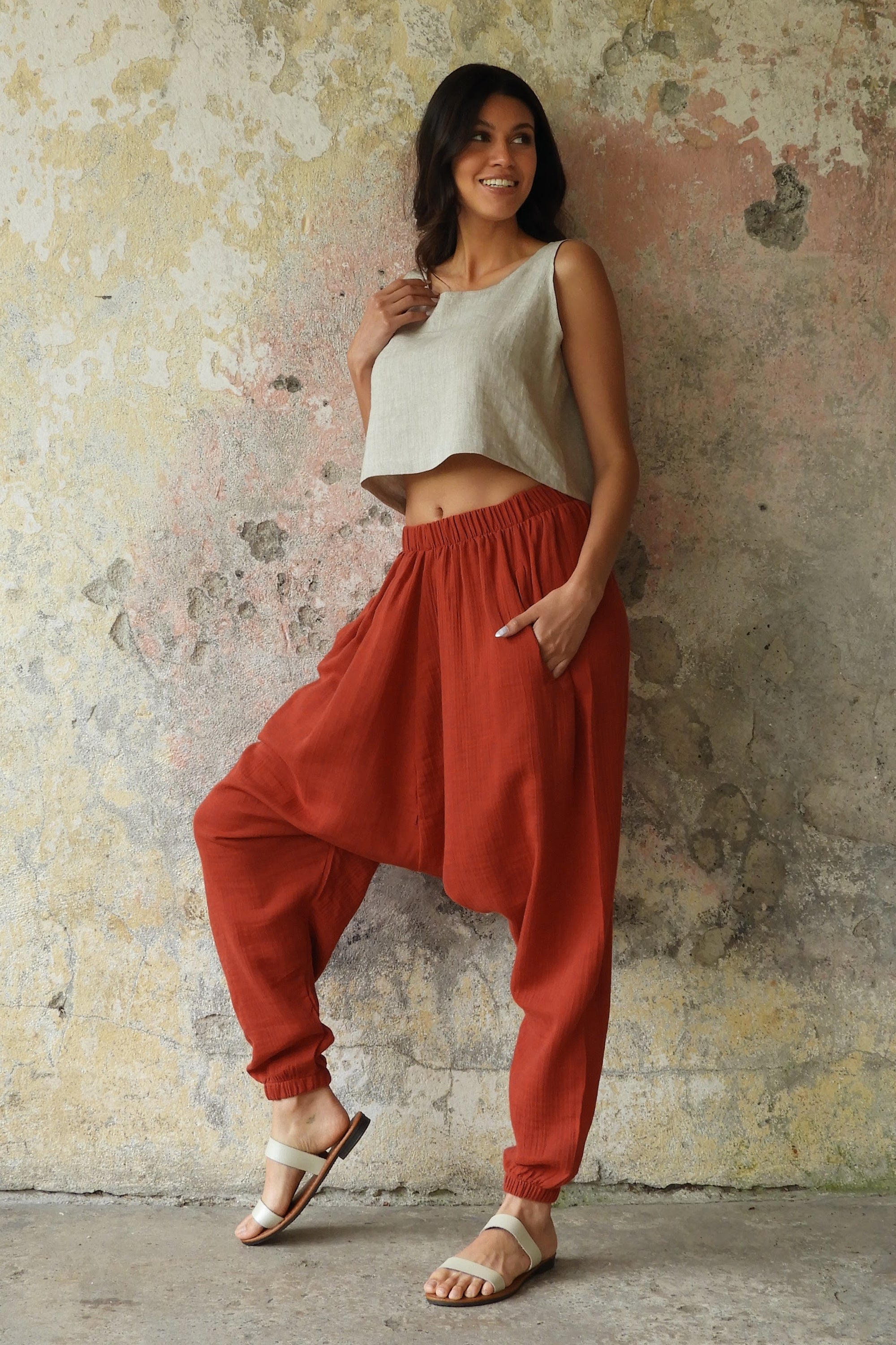 Sustainable  | TRIBAL Women's Gauze Cotton Harem Pants (Red, Sage Green) by Odana's