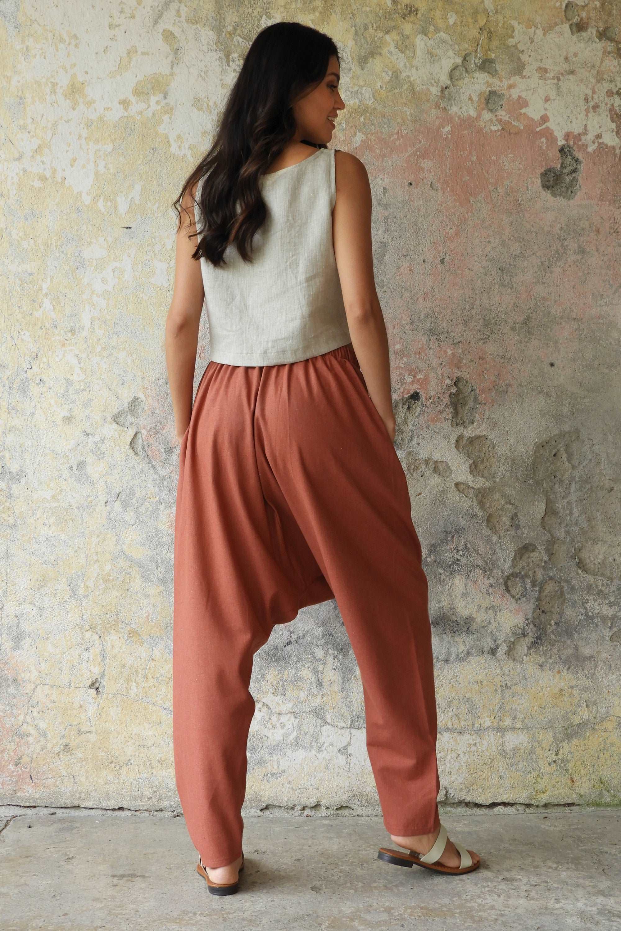 Sustainable  | MOON Gender Neutral Linen Blend Harem Pants (Terra Cotta, Almond Green) by Odana's