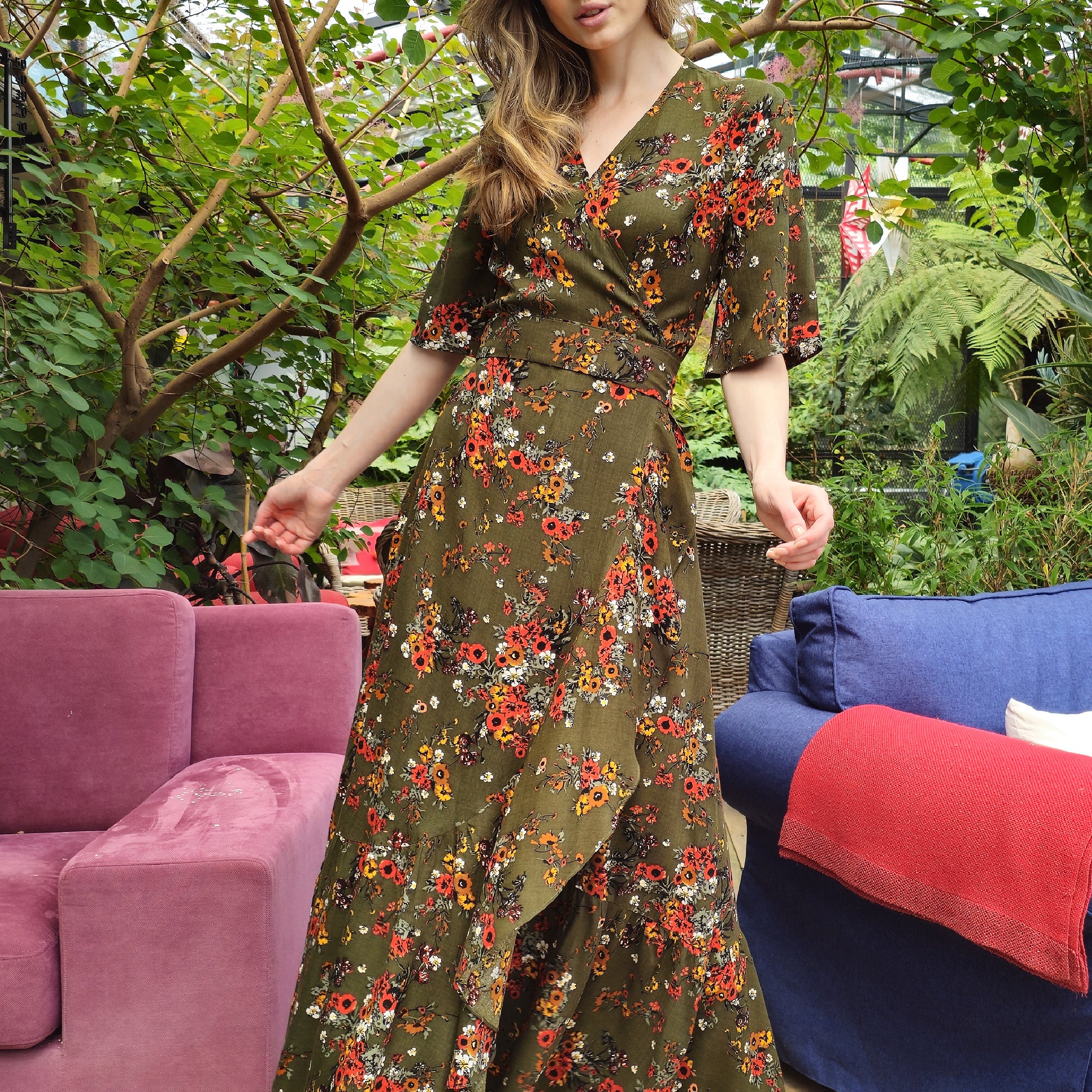 PEONY Floral Wrap Dress (Green, Pink)