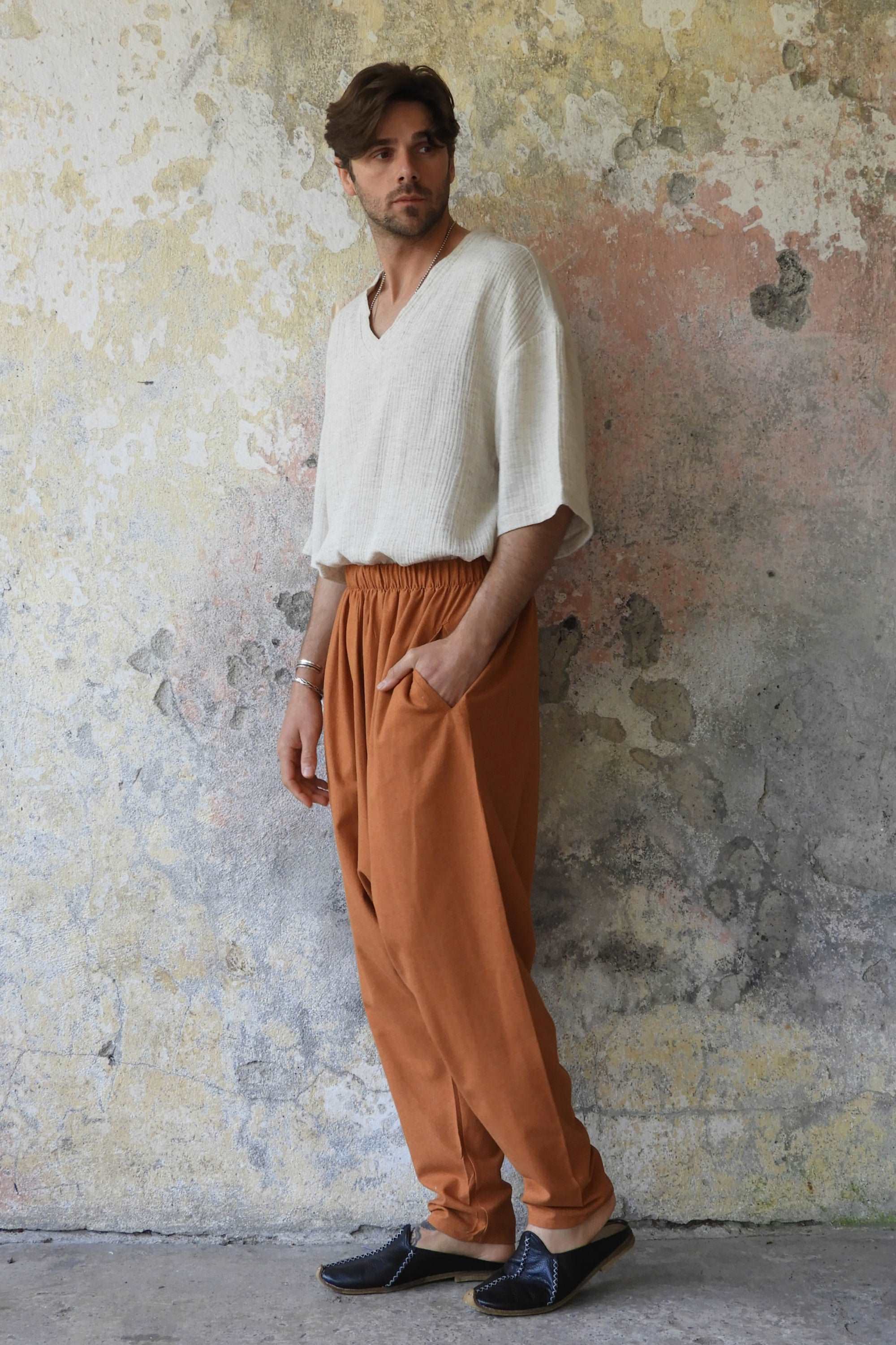 Odana's | Sustainable Gifts | MOON Men's Linen Blend Harem Pants (Windsor Tan, Burnt Orange) | Linen Harem Pants | Sustainable Fashion