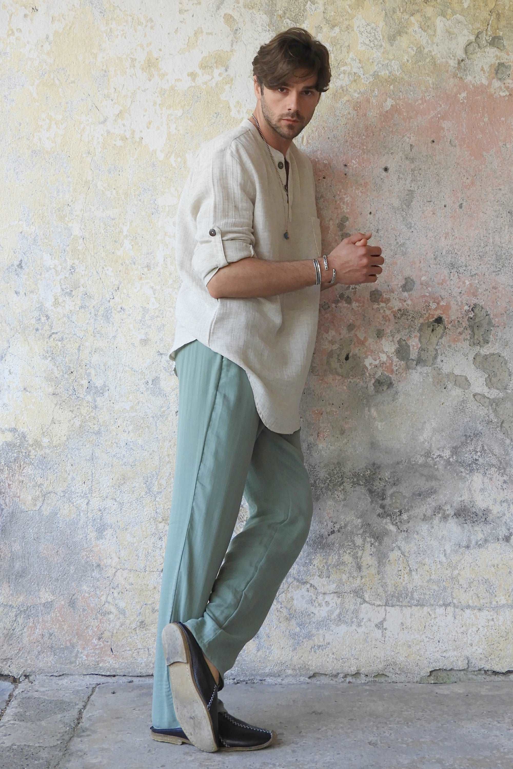 Odana's | Sustainable Gifts | DUNE Men's Organic Gauze Cotton Pants (Black, Sage Green) | Harem Pants | Sustainable Fashion