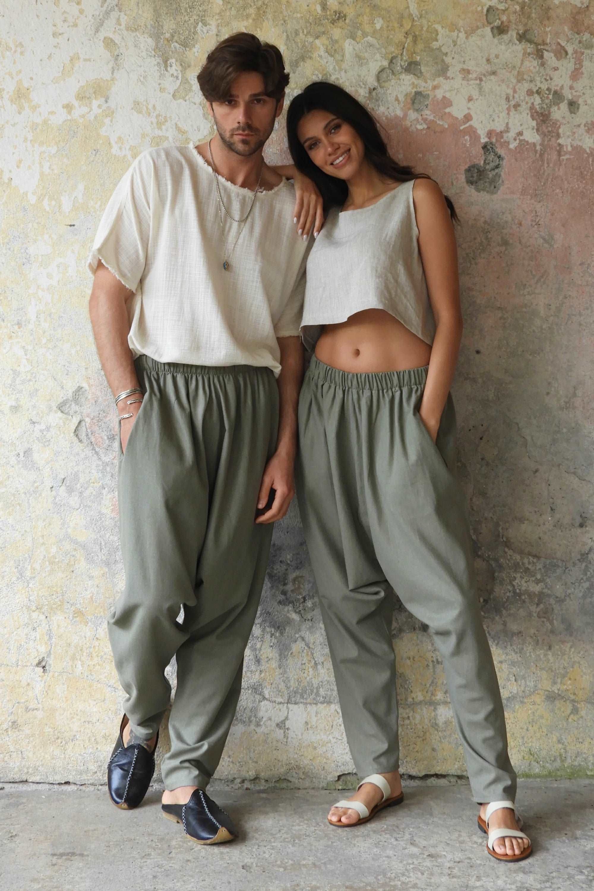 Odana's | Sustainable Gifts | MOON Gender Neutral Linen Blend Harem Pants (Terra Cotta, Almond Green) | Linen Harem Pants | Sustainable Fashion