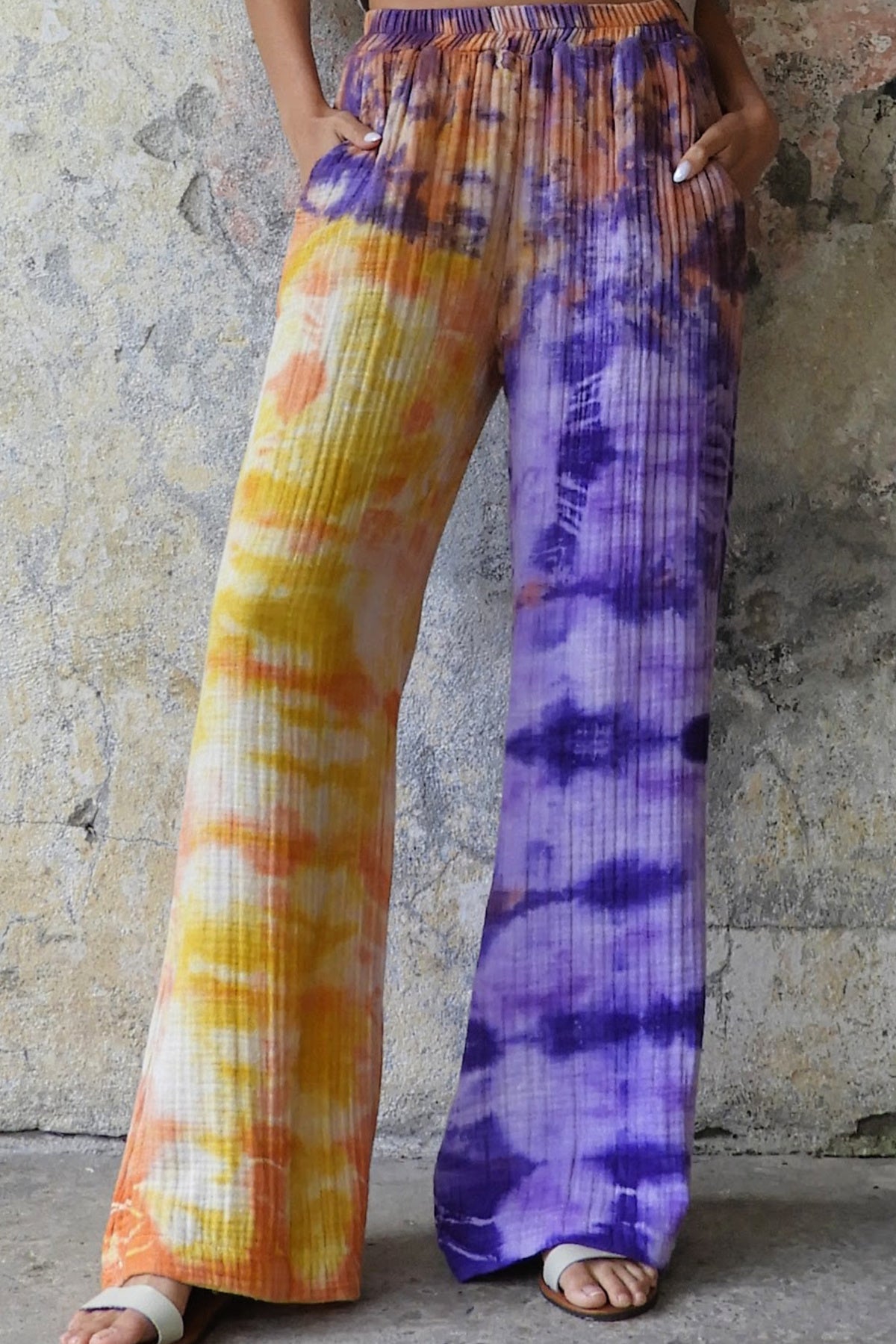 Womens Wide Leg Full Tie Dye Palazzo Pants in Purple, Purple