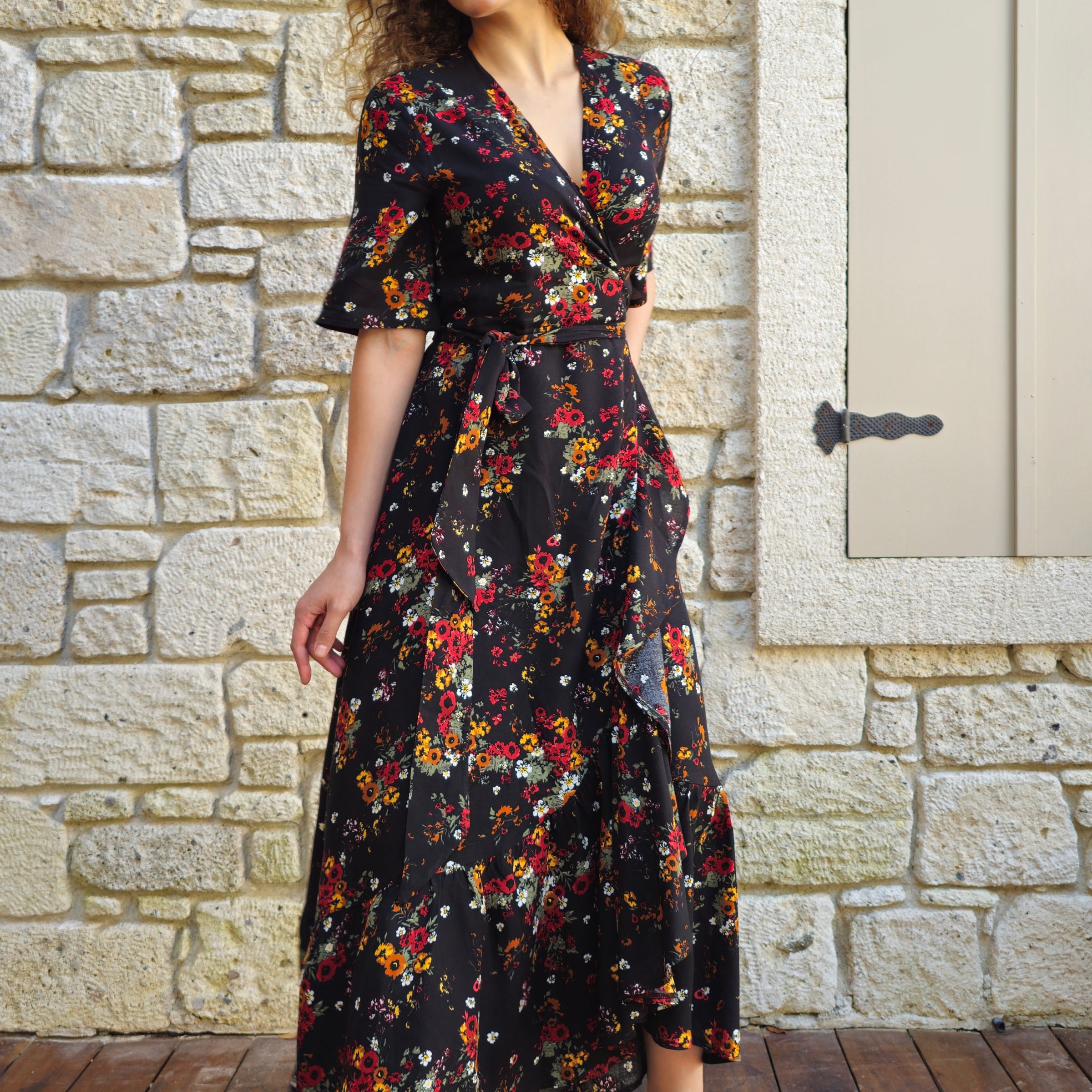 PEONY Floral Wrap Dress (Cream, Black)