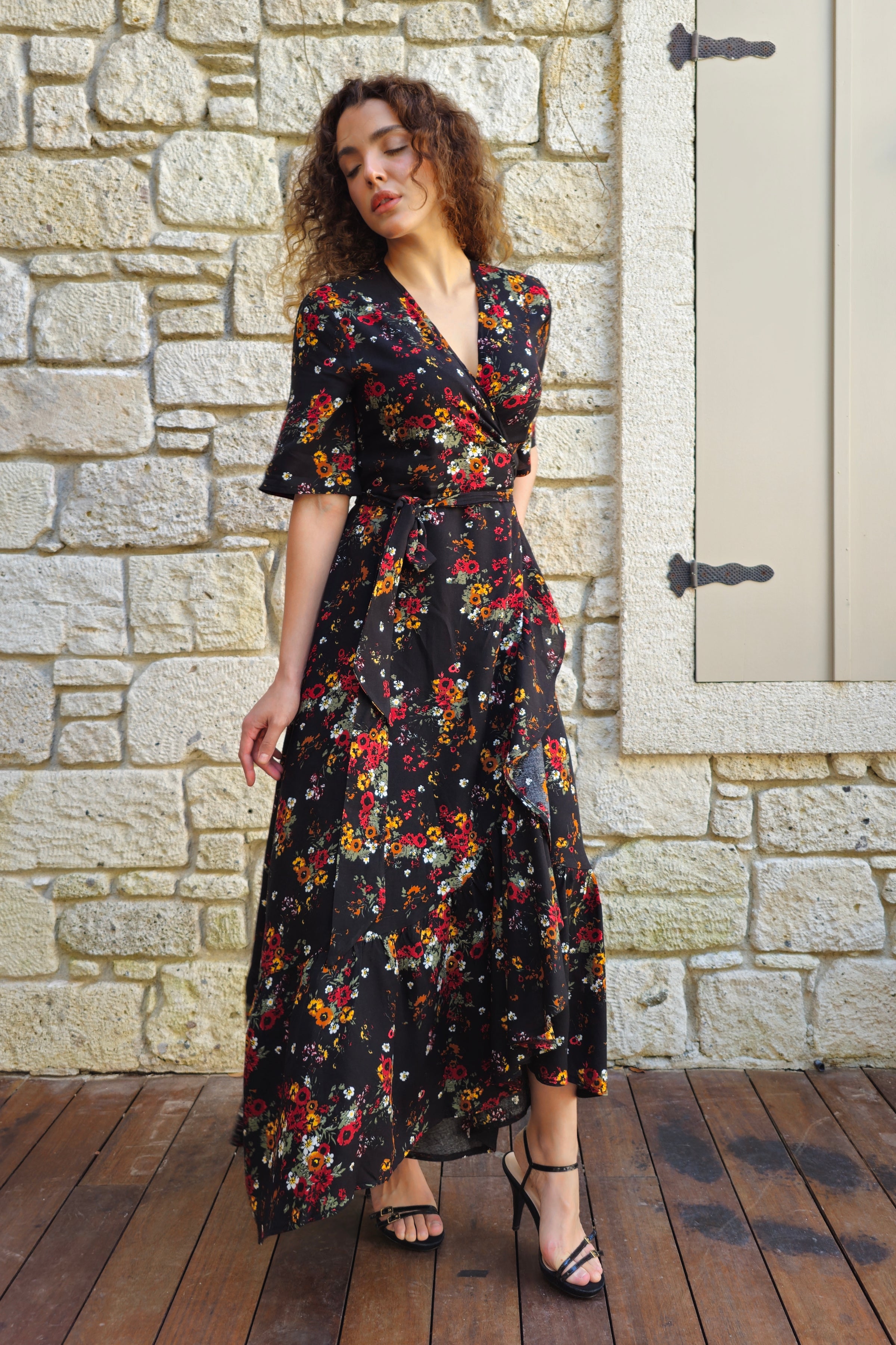 PEONY Floral Wrap Dress (Cream, Black) XS Short Black