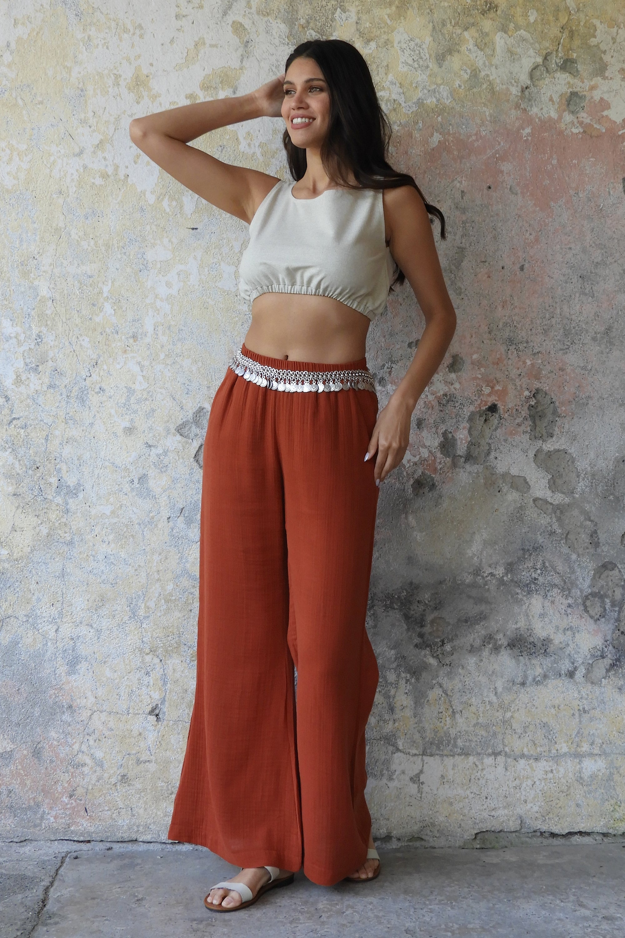 Sustainable  | PALAZZO Women's 2Layer Gauze Cotton Pants (Green, Terra Cotta, Mustard, Brown) by Odana's