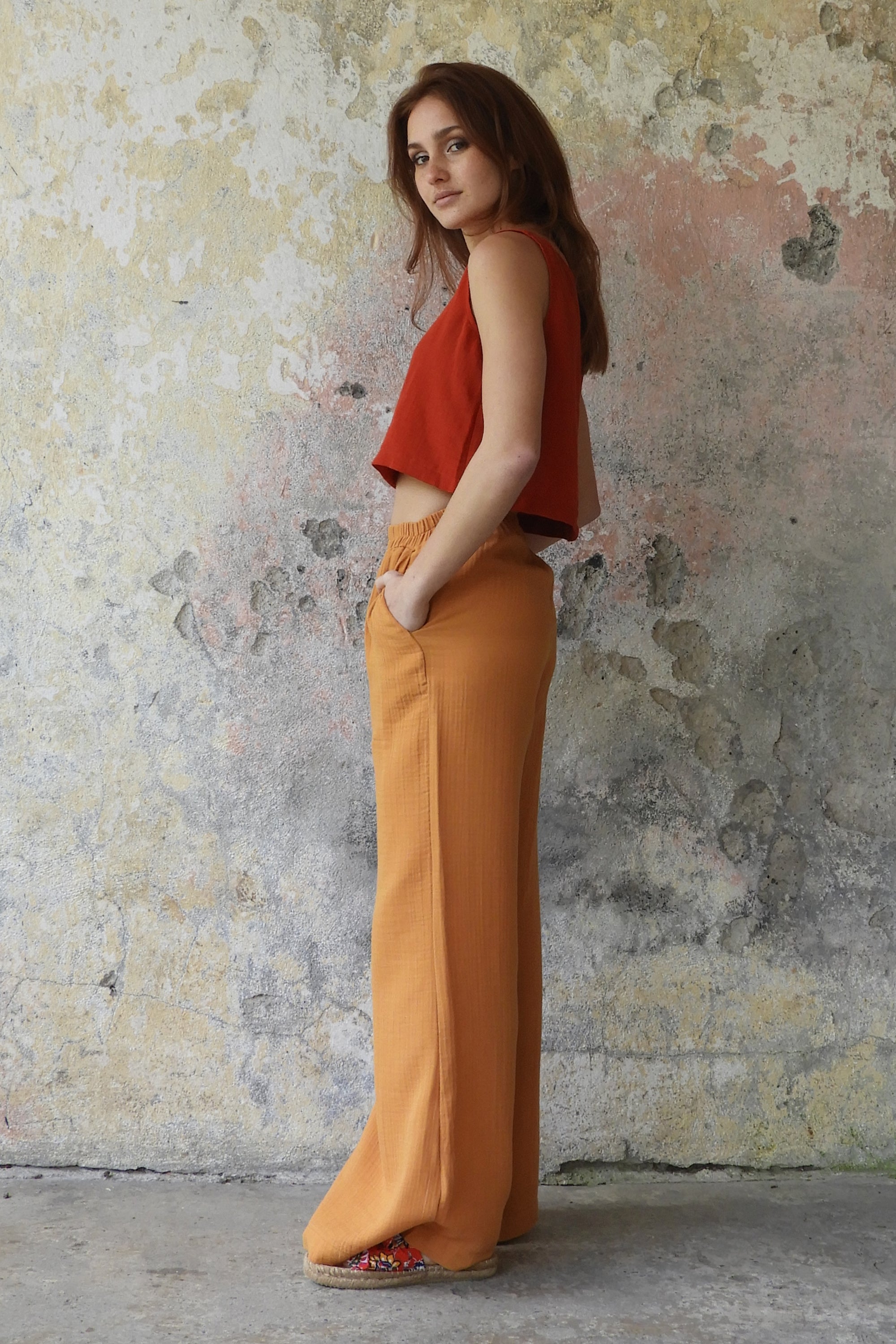 Sustainable  | PALAZZO Women's 2Layer Gauze Cotton Pants (Red, Dark Blue, Caramel, Sage Green) by Odana's