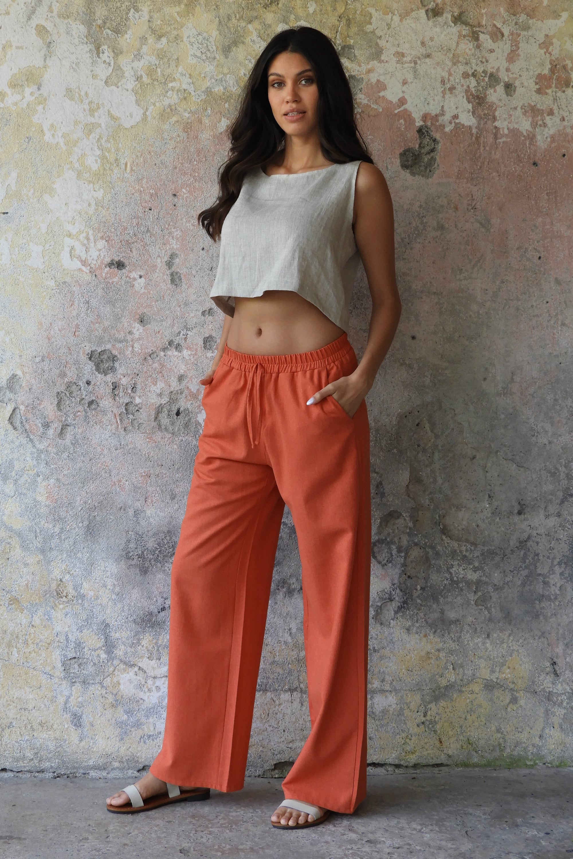 Odana's | Sustainable Gifts | TRINITY Linen Blend Women's Pants (Burnt Orange, Brown) | Harem Pants | Sustainable Fashion