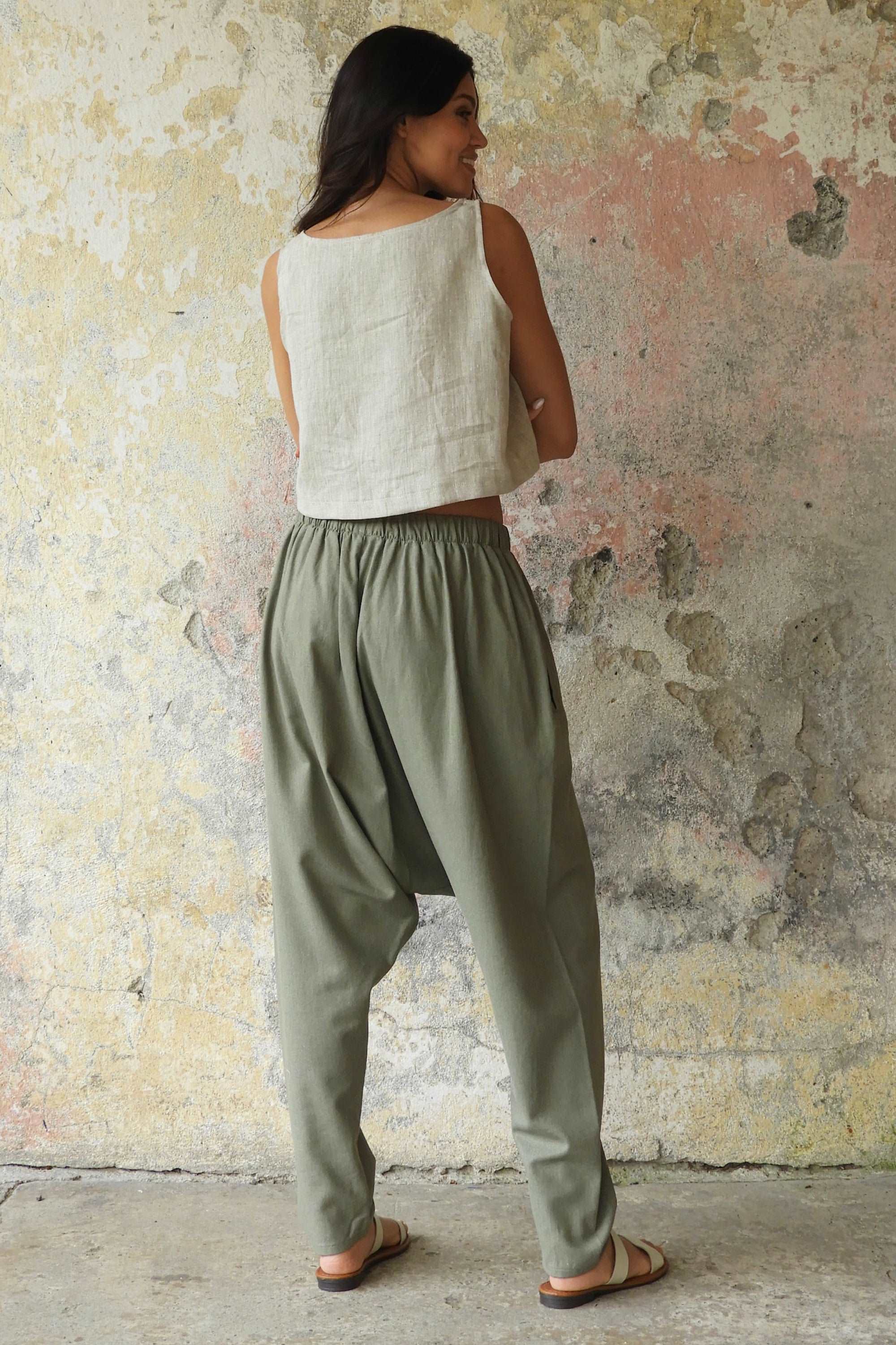 Sustainable  | MOON Gender Neutral Linen Blend Harem Pants (Terra Cotta, Almond Green) by Odana's