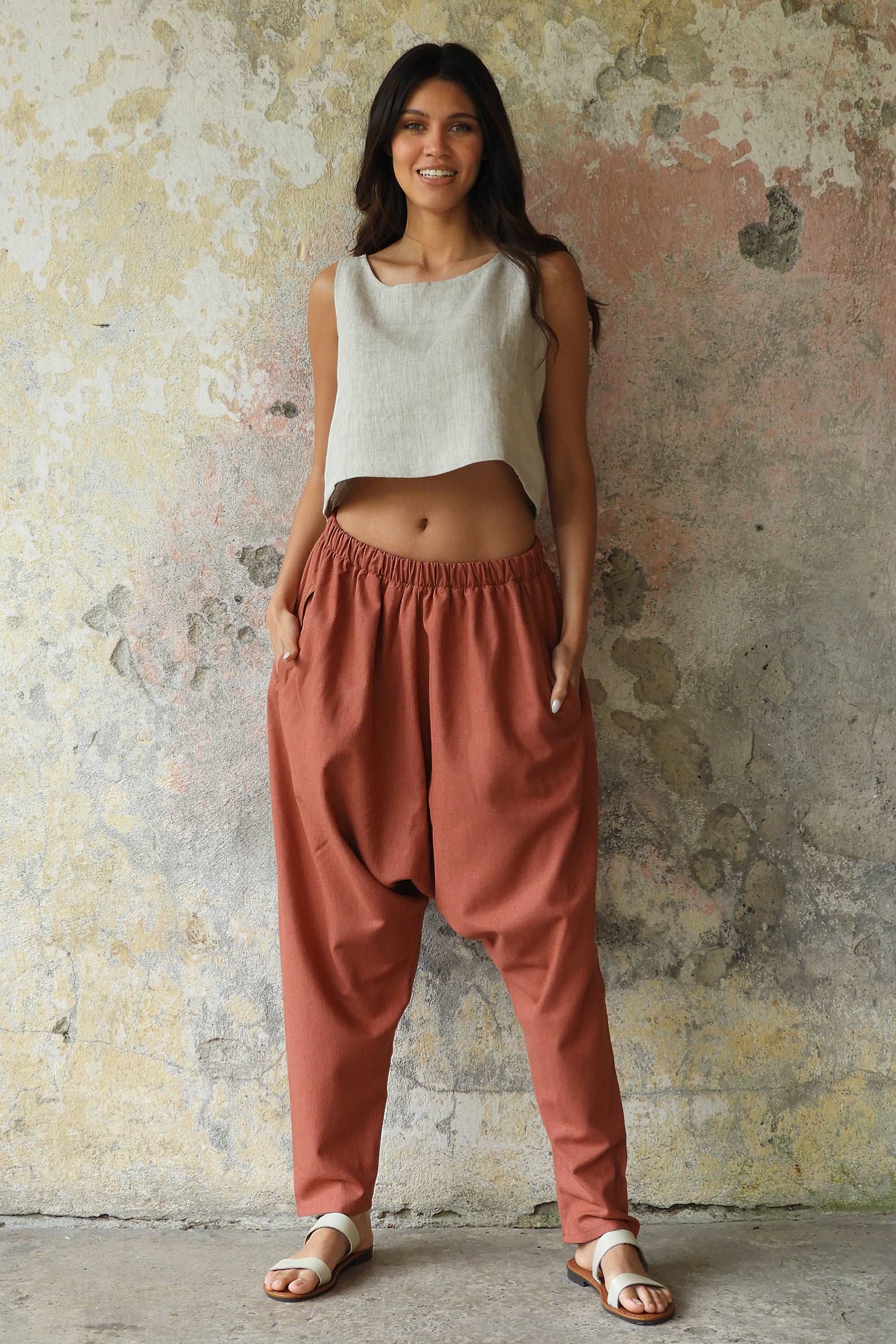 Odana's | Sustainable Gifts | MOON Gender Neutral Linen Blend Harem Pants (Terra Cotta, Almond Green) | Linen Harem Pants | Sustainable Fashion
