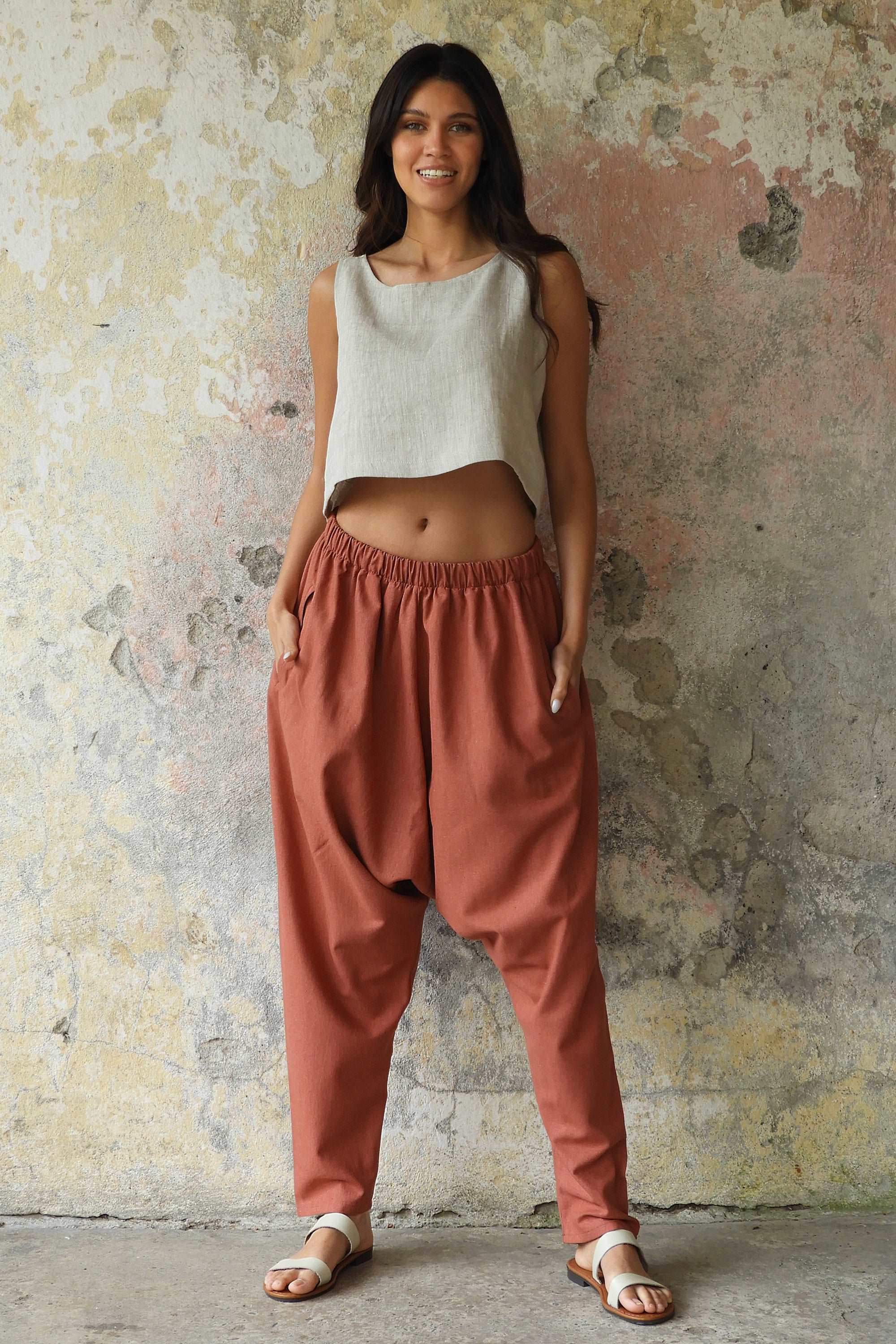 Sustainable  | MOON Gender Neutral Linen Blend Harem Pants (Terra Cotta, Almond Green) by Odana's