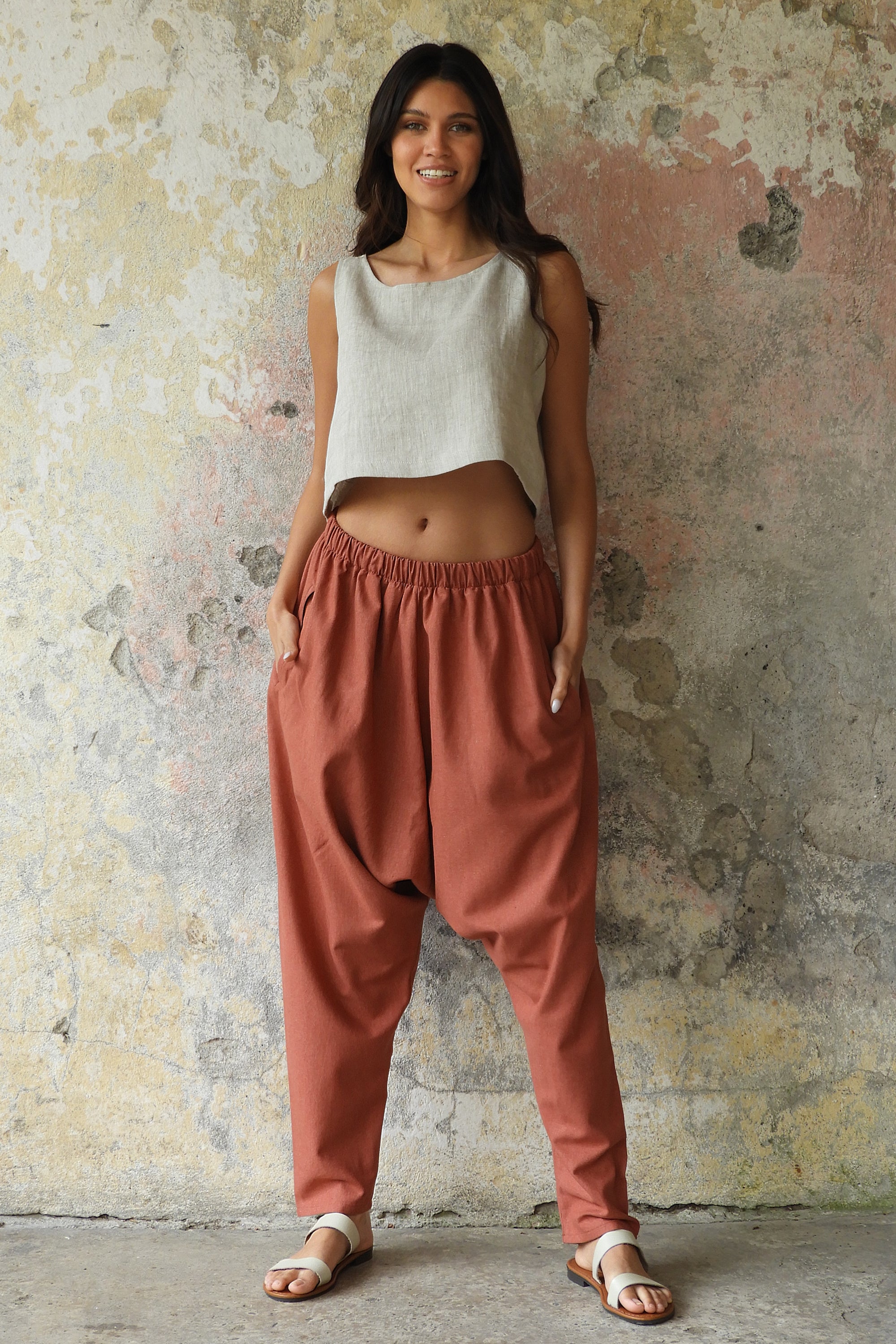 Sustainable  | MOON Women's Linen Blend Harem Pants (Terra Cotta, Almond Green) by Odana's