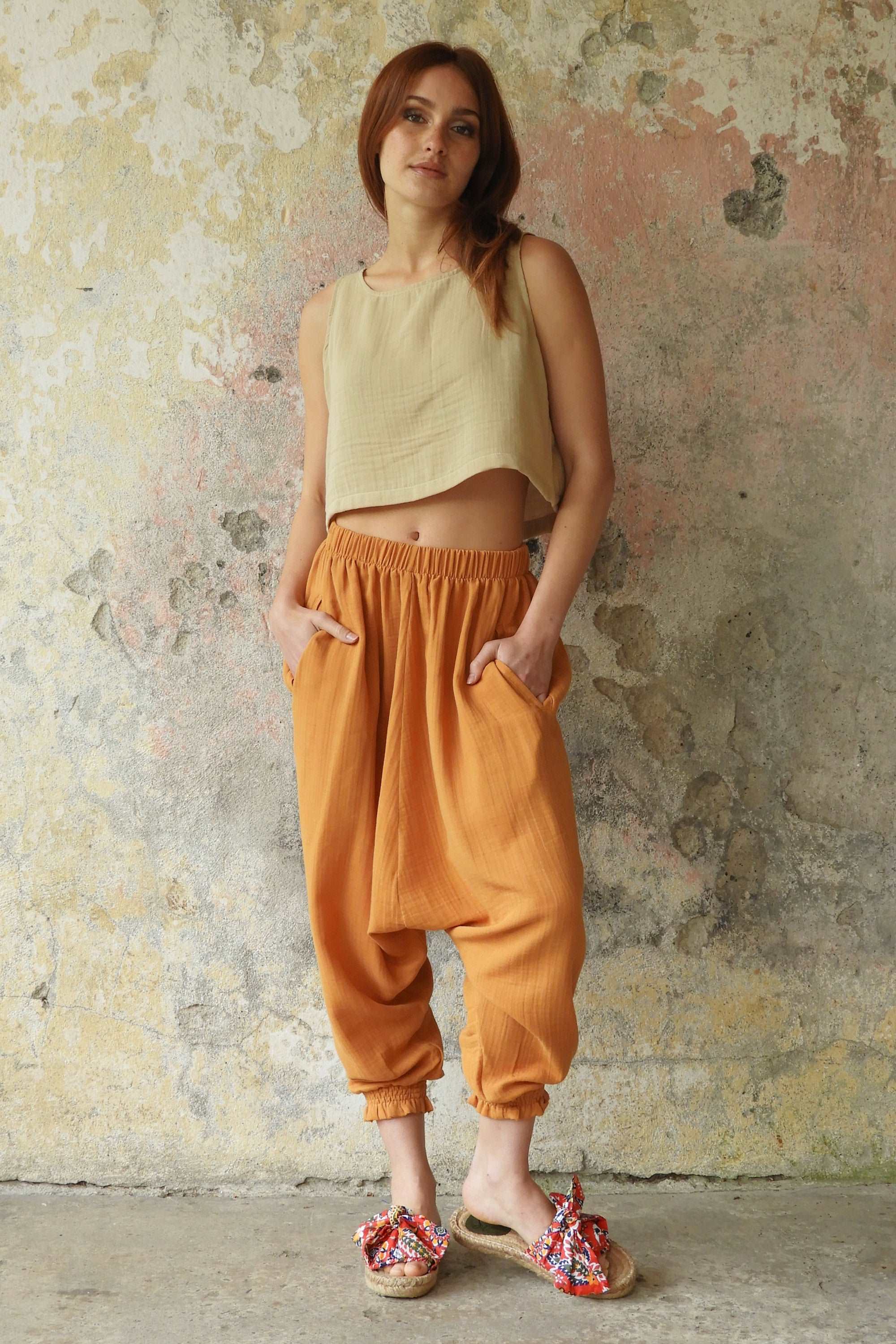 Odana's | Sustainable Gifts | GAIA Women's Organic Gauze Cotton Harem Pants (Red, Terra Cotta, Caramel) | Harem Pants | Sustainable Fashion