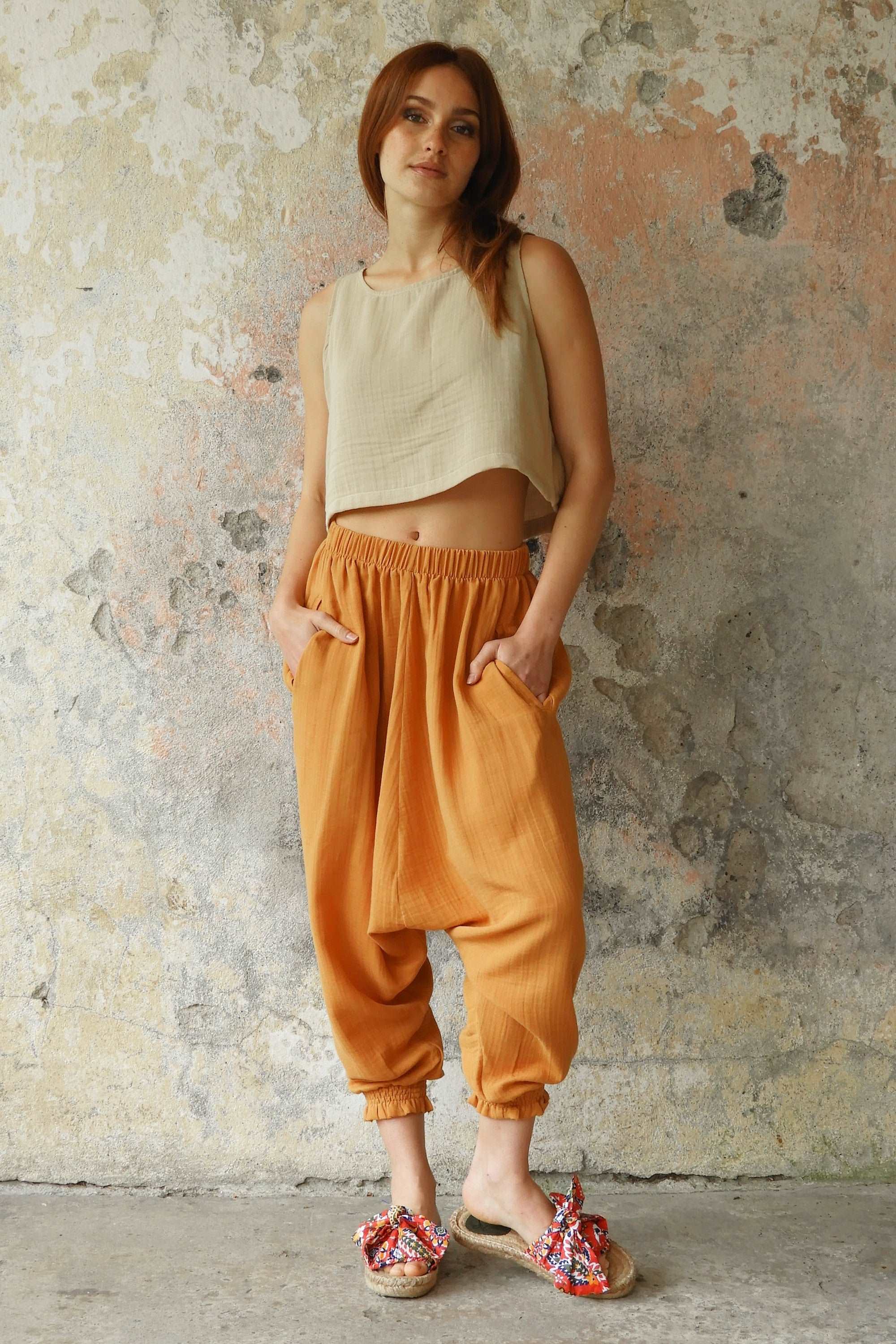 Odana's | GAIA Women's Gauze Cotton Harem Pants (Light Blue, Mint, Orange) | Harem Pants | Sustainable Fashion